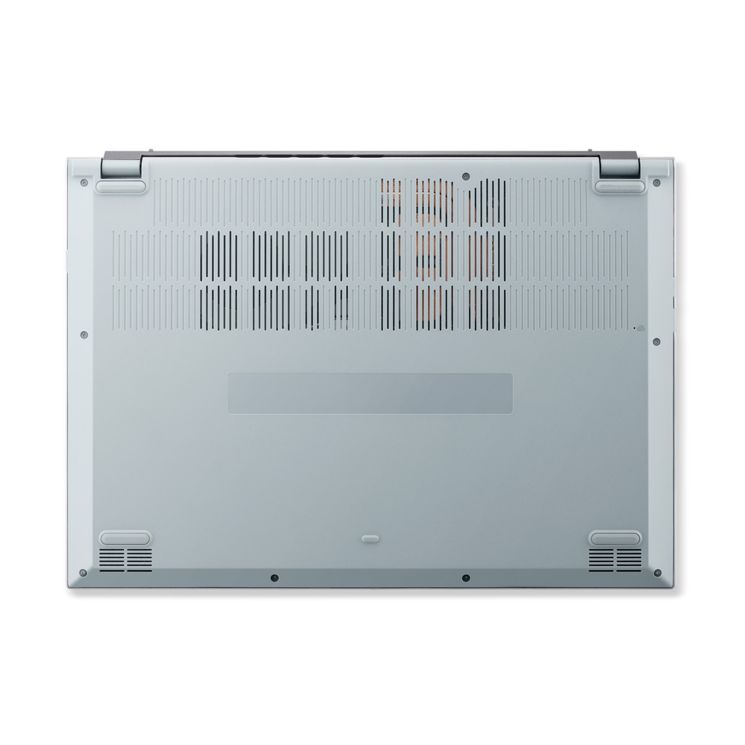 Parte inferiore di un laptop grigio chiaro con feritoie di ventilazione e viti.