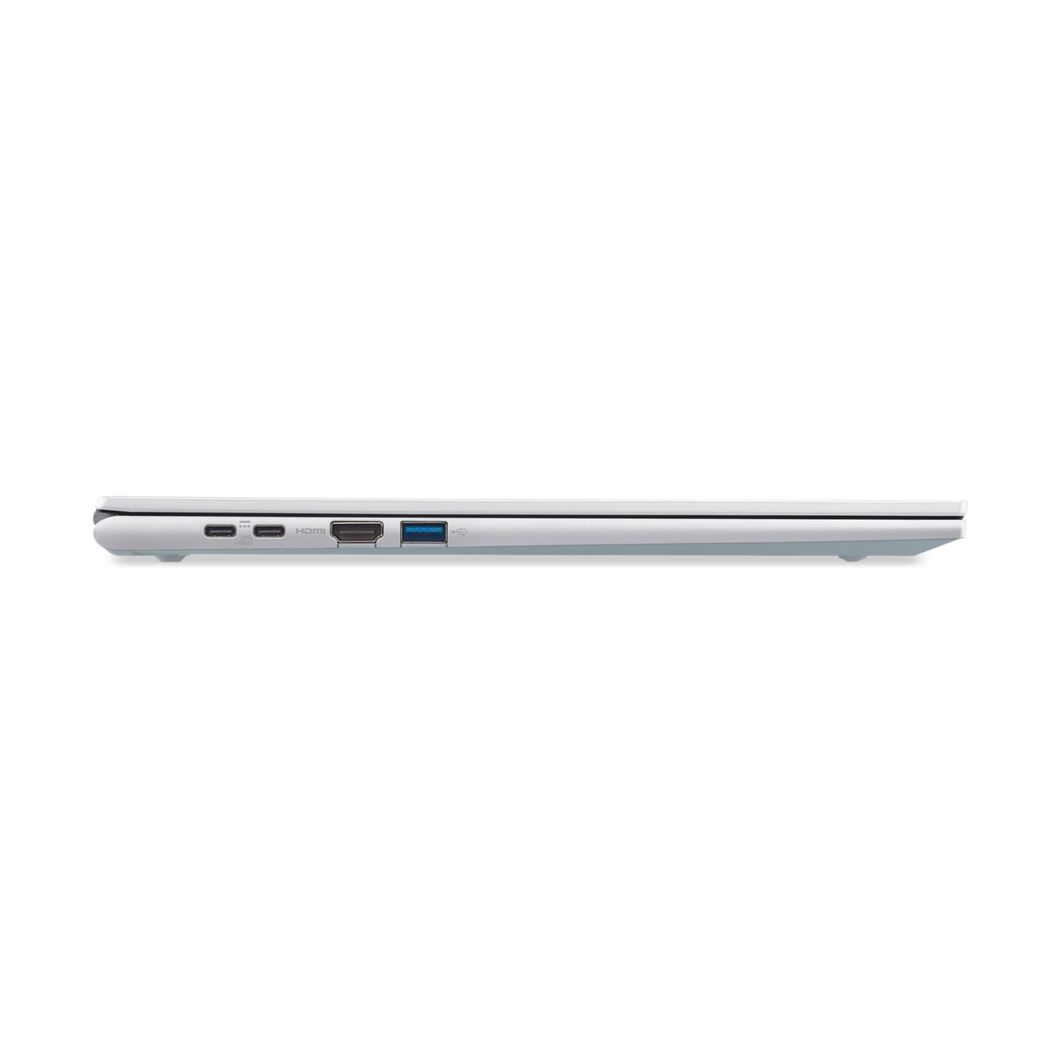 Vista laterale di un laptop bianco con porte USB-C, HDMI e USB-A.