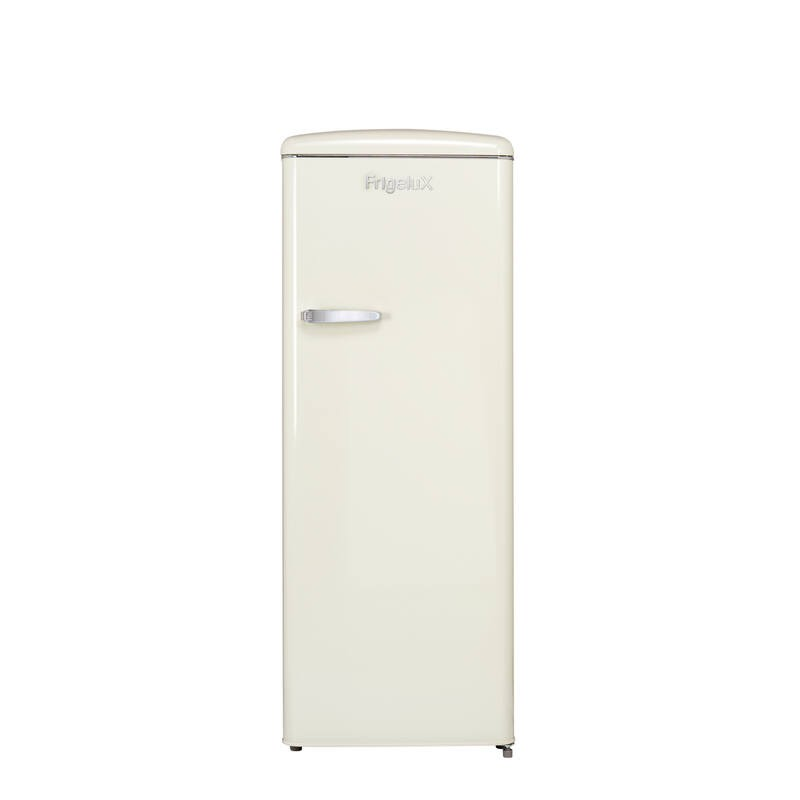 Ein cremefarbener Kühlschrank mit silbernem Griff und Logo.