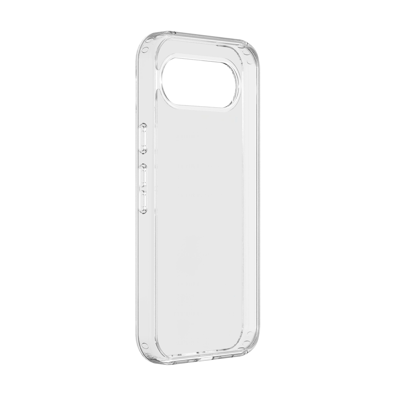 Custodia trasparente per telefono con ritagli per fotocamera e pulsanti.