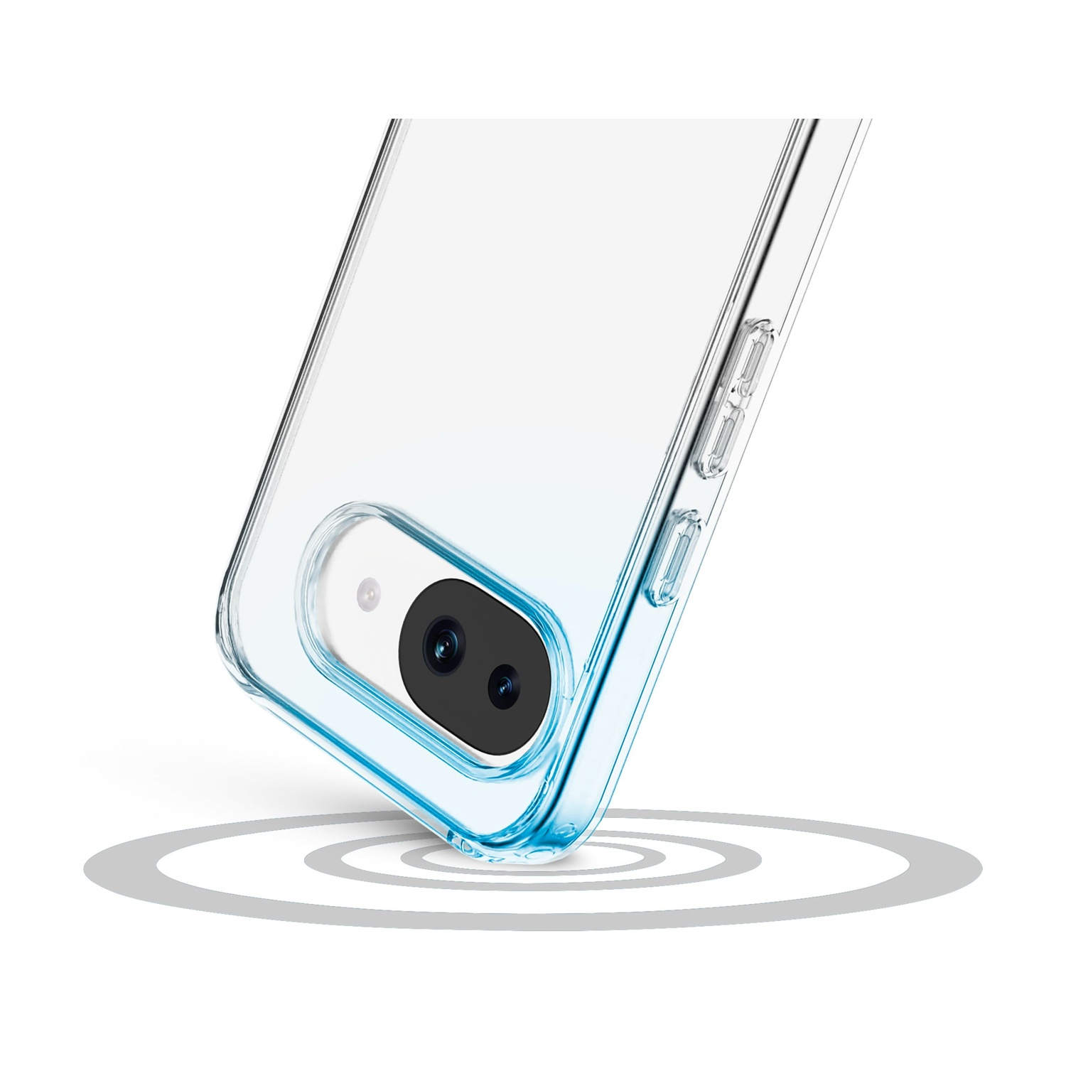 Custodia trasparente per telefono con accenti blu, mostra obiettivo fotocamera su sfondo bianco.