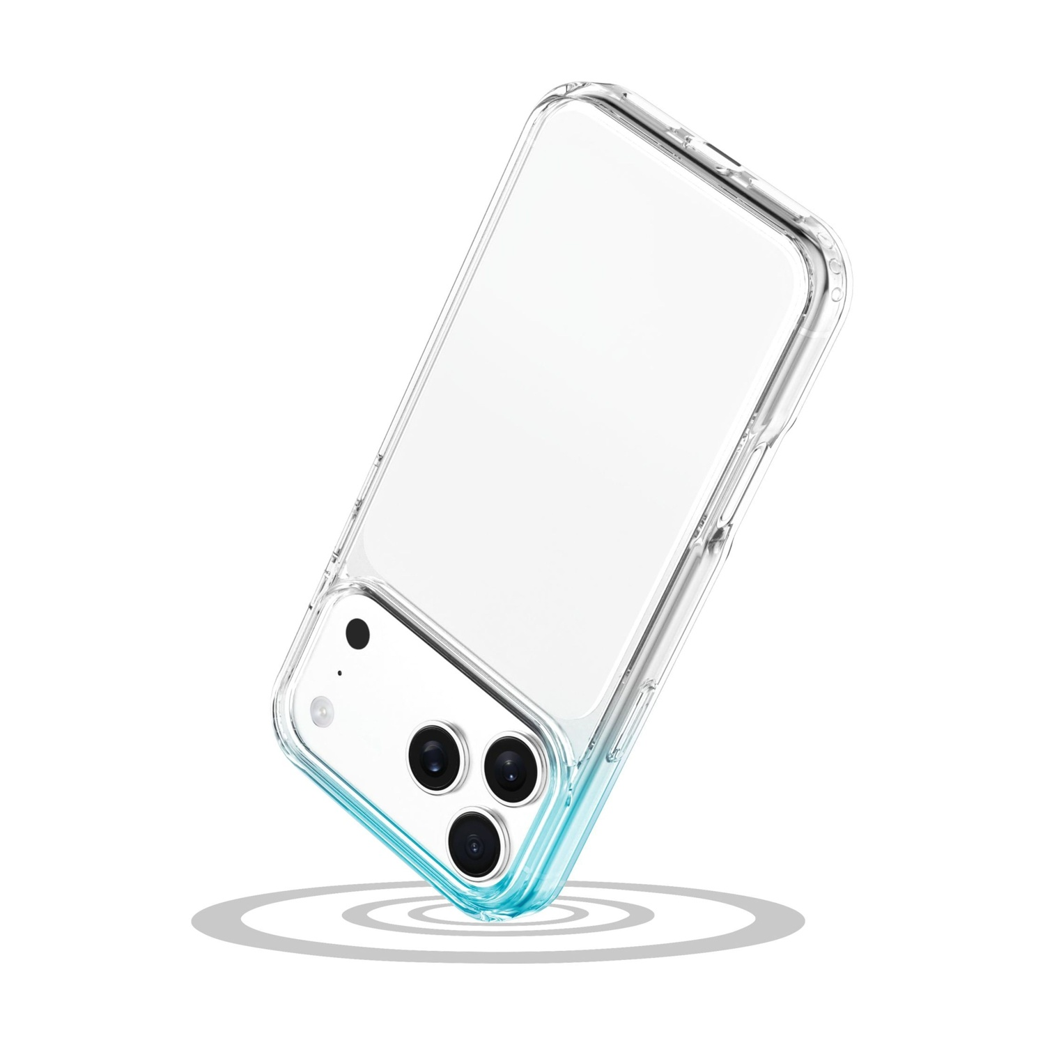 Una custodia trasparente con accenti blu che protegge uno smartphone.