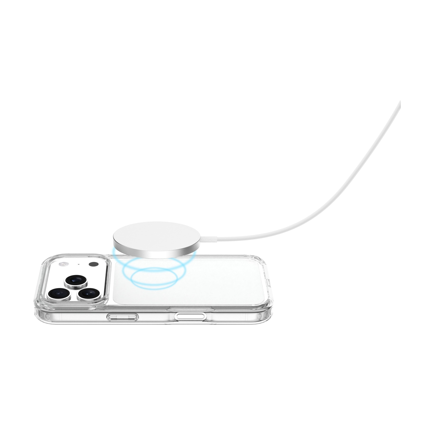 Una cover trasparente per telefono con cavo e pad di ricarica rotondo.