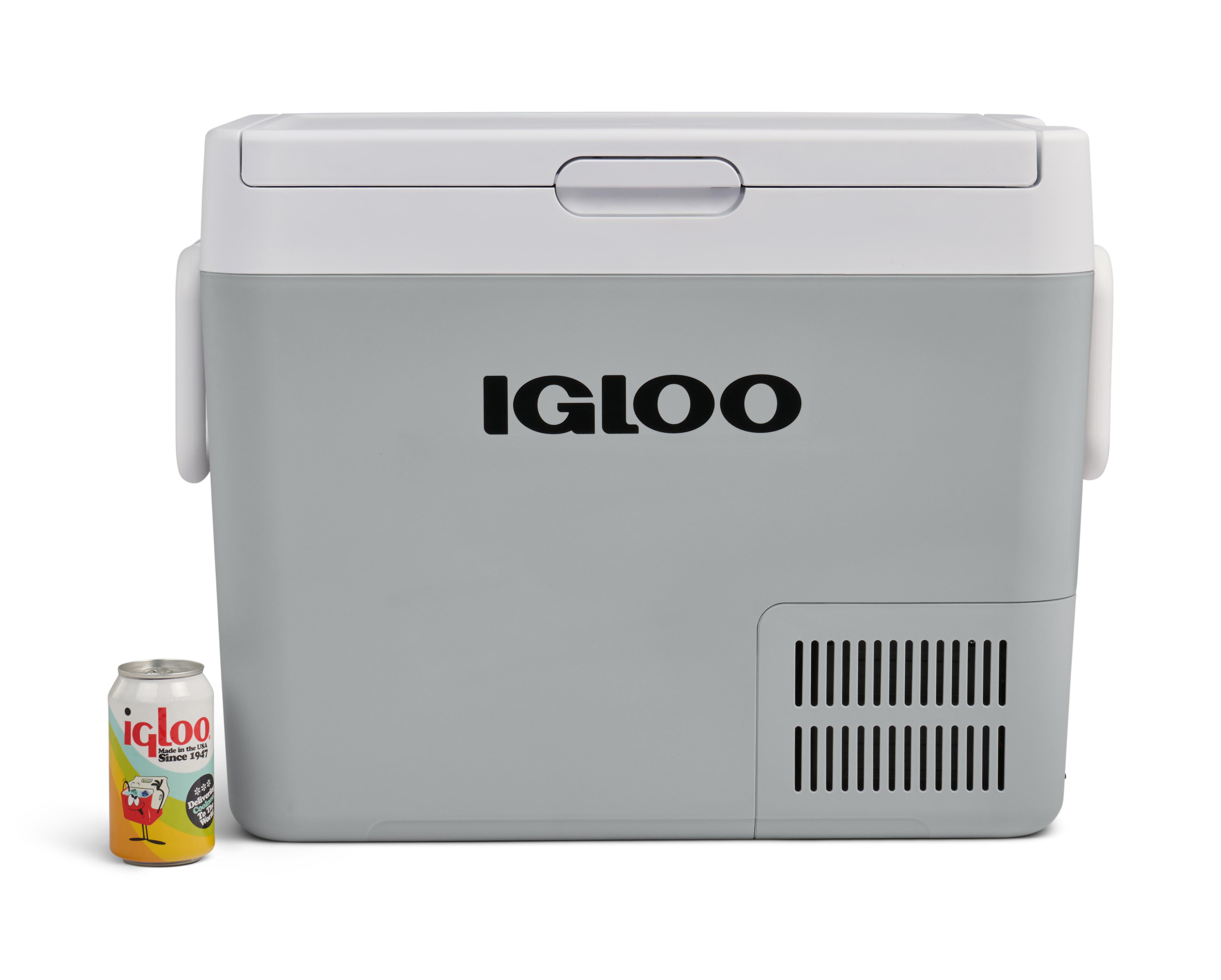 Ein grauer Igloo-Kühler mit einem aufgedruckten Logo und Lüftungsschlitzen daneben.