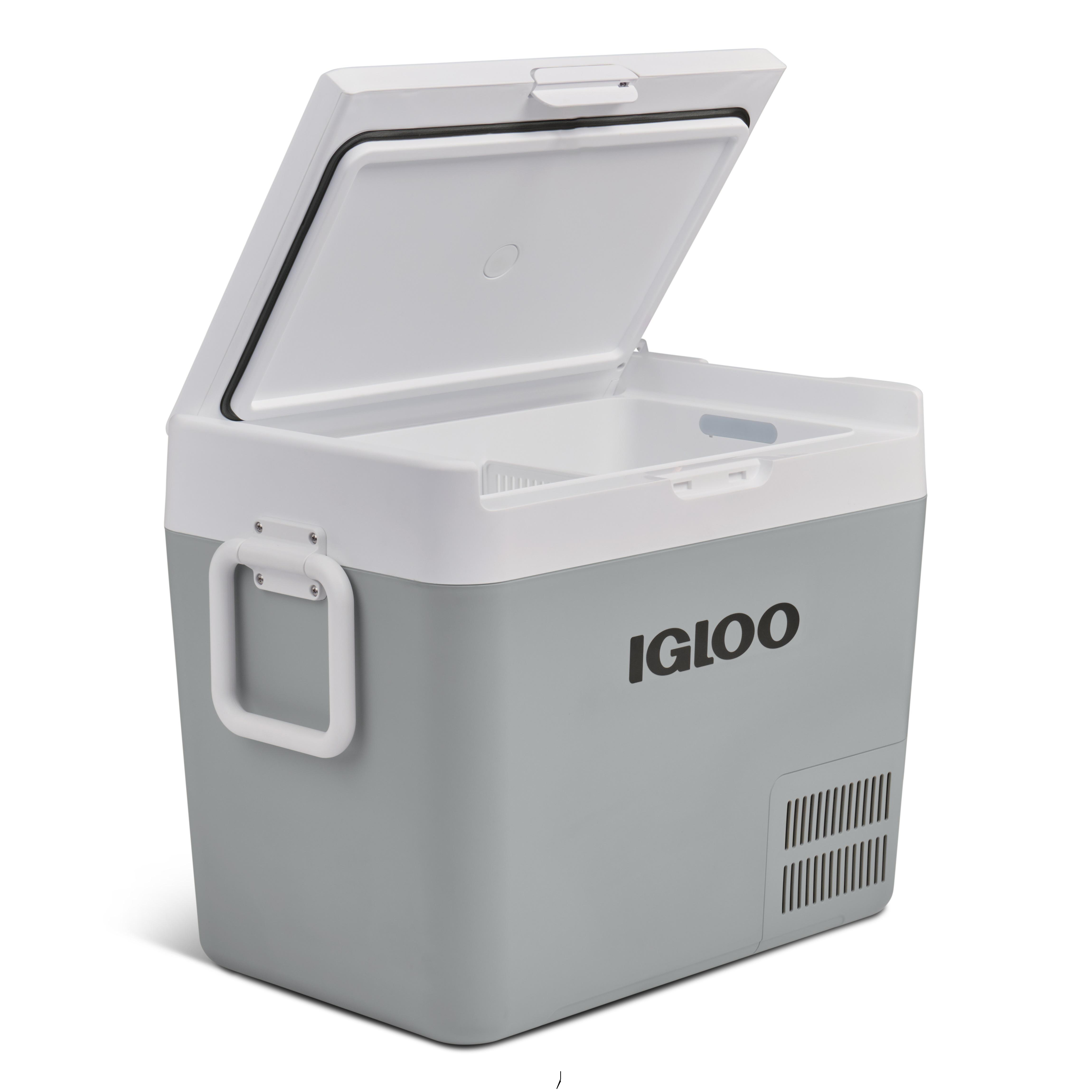 Ein grauer und weißer tragbarer Kühler von Igloo mit geöffnetem Deckel.