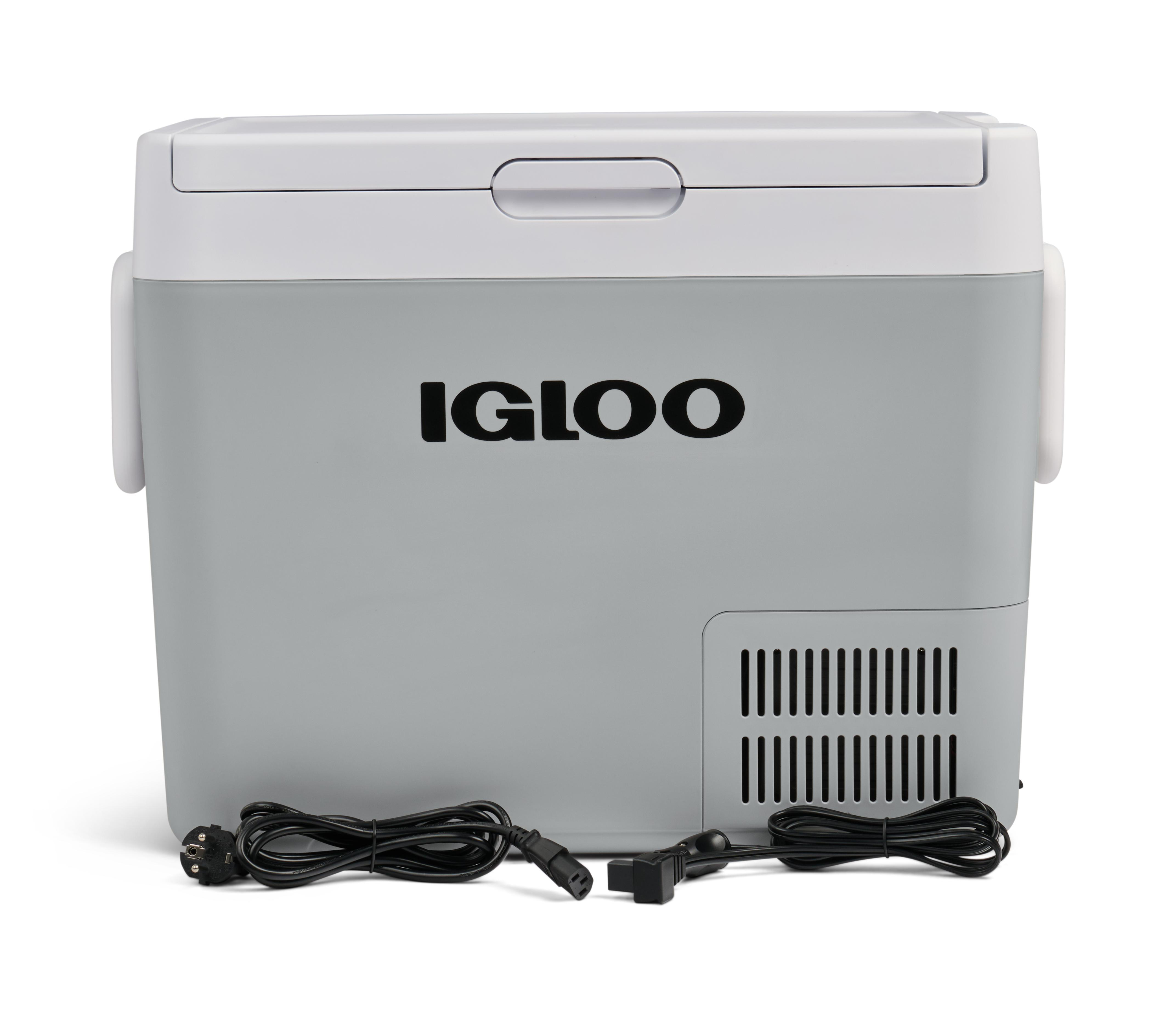 Ein grauer und weißer tragbarer Kühler mit dem IGLOO-Logo und Kabeln.