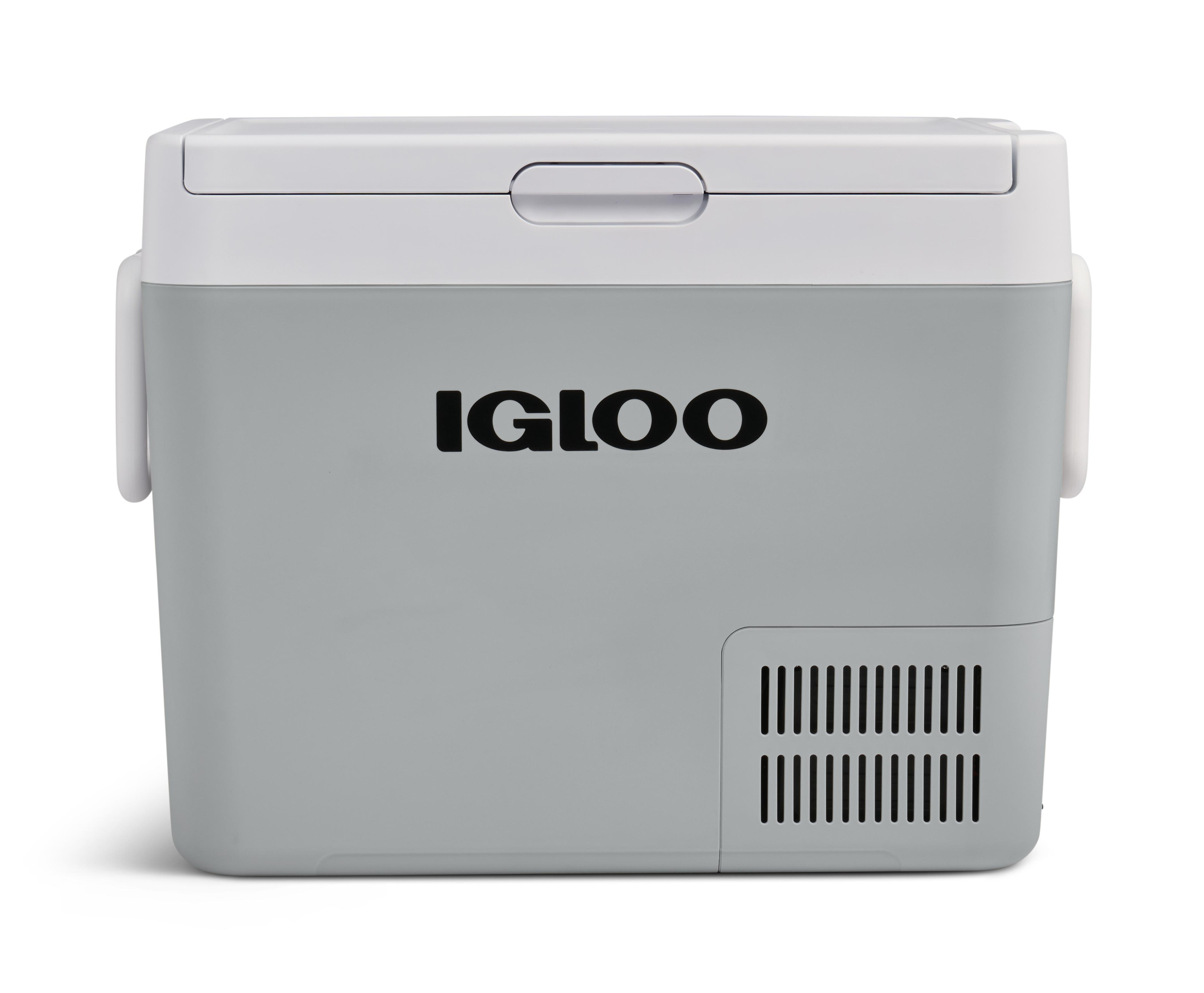 Grauer und weißer Kühlbox mit schwarzem Igloo-Logo.