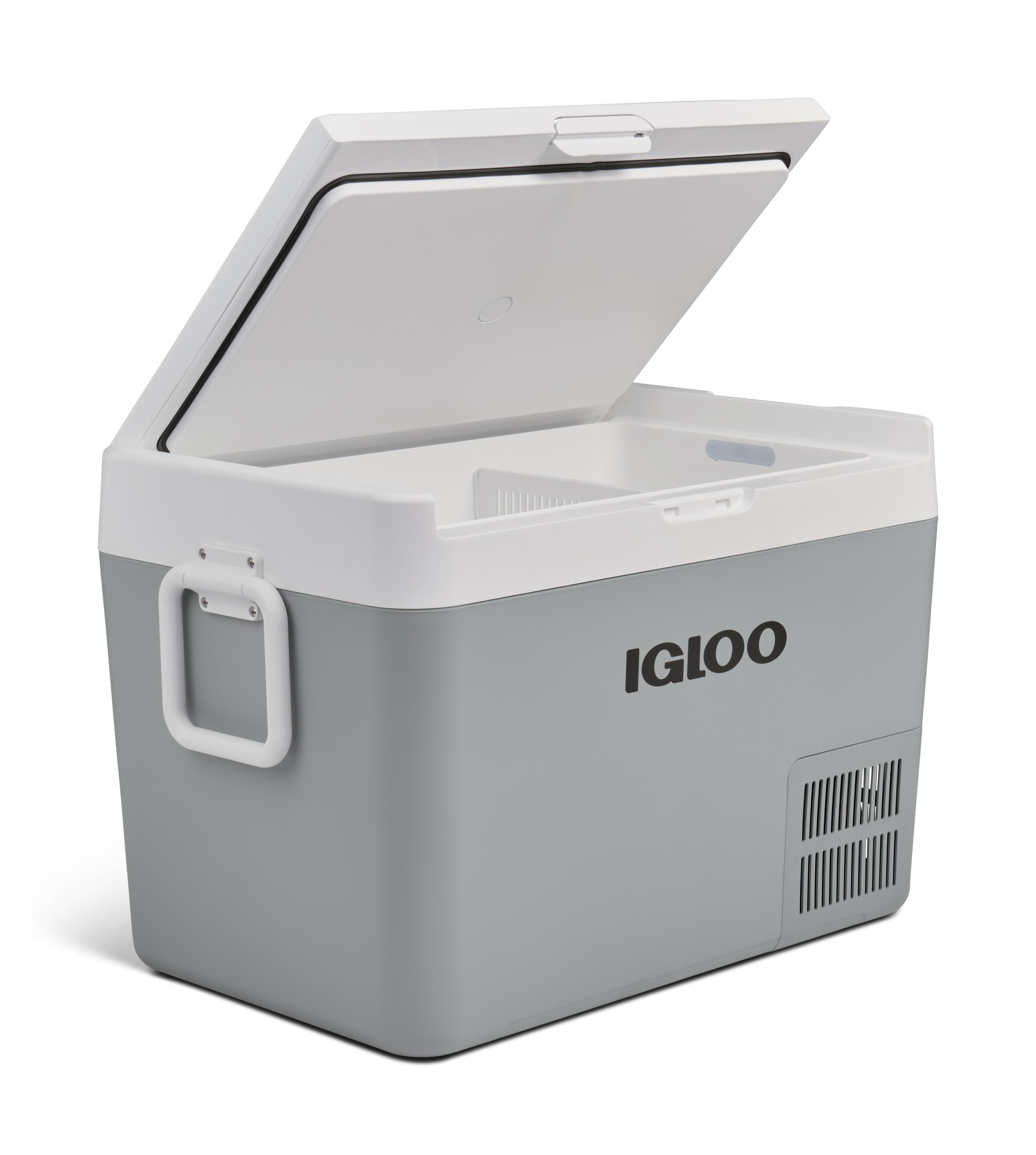 Ein grauer IGLOO-Kühler mit geöffnetem Deckel und weißem Griff.