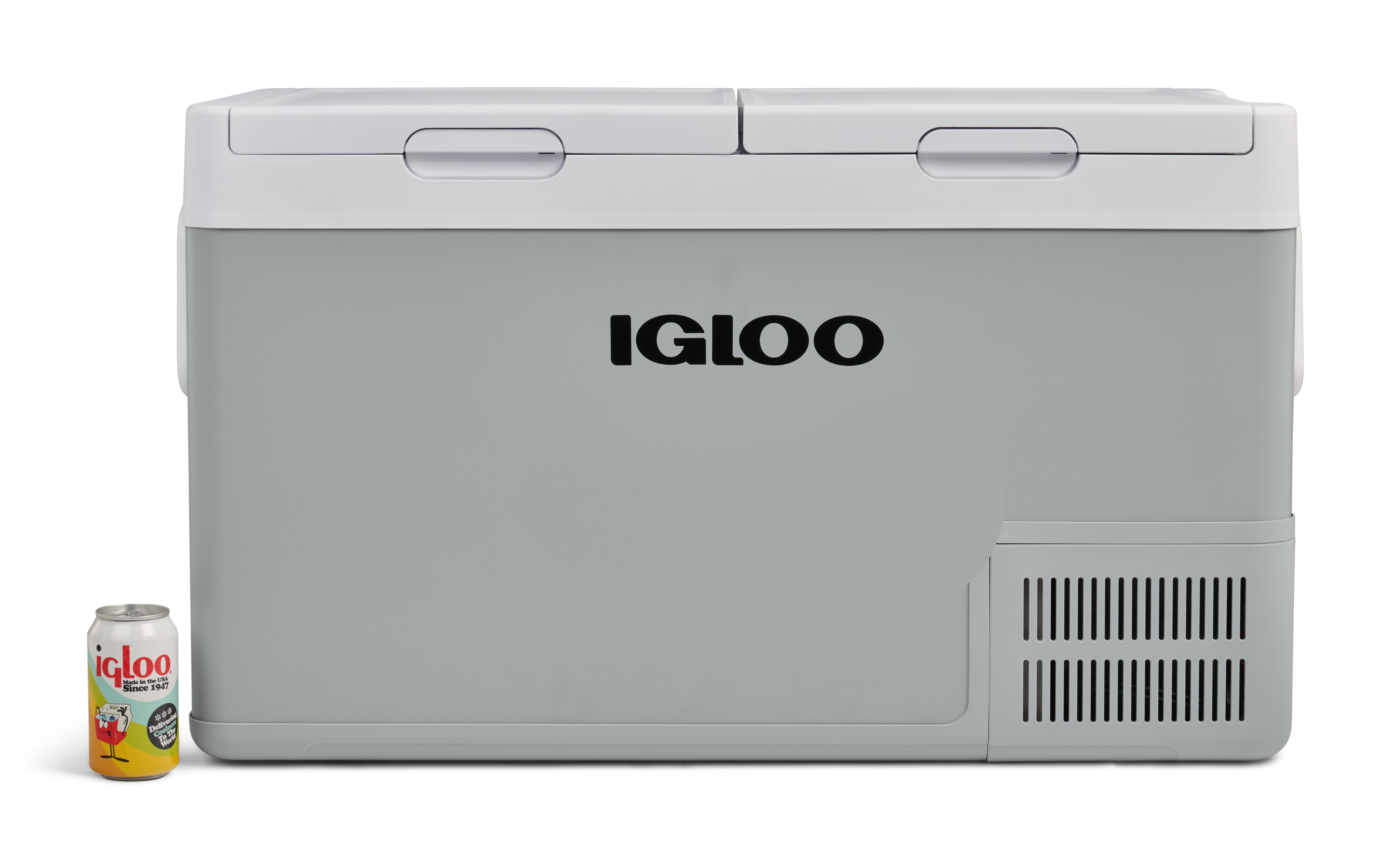 Ein grauer Igloo-Kühler mit weißem Deckel und einer Dose daneben.