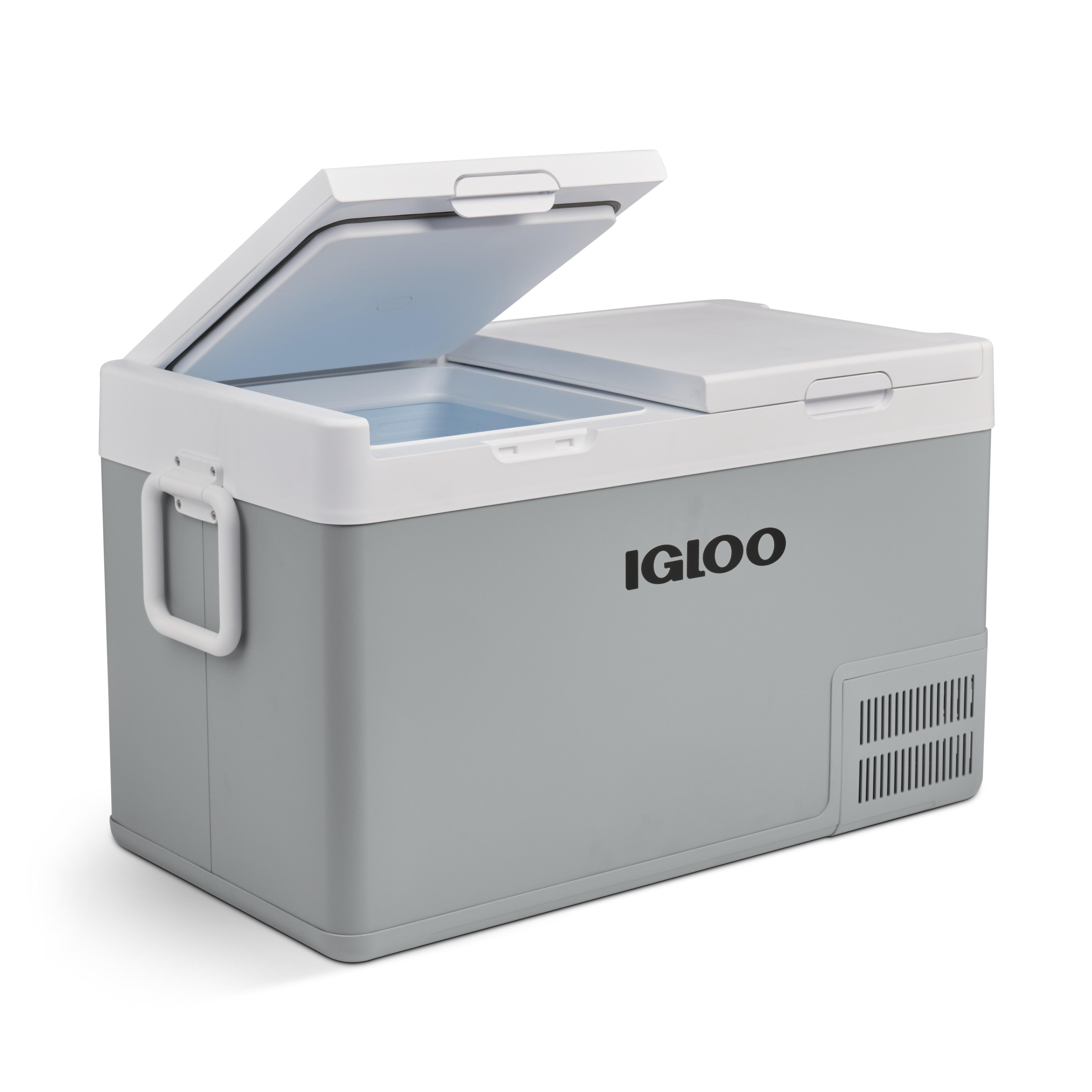 Grauer Kühlbox von Igloo mit offenem Deckel, weißer Griff.
