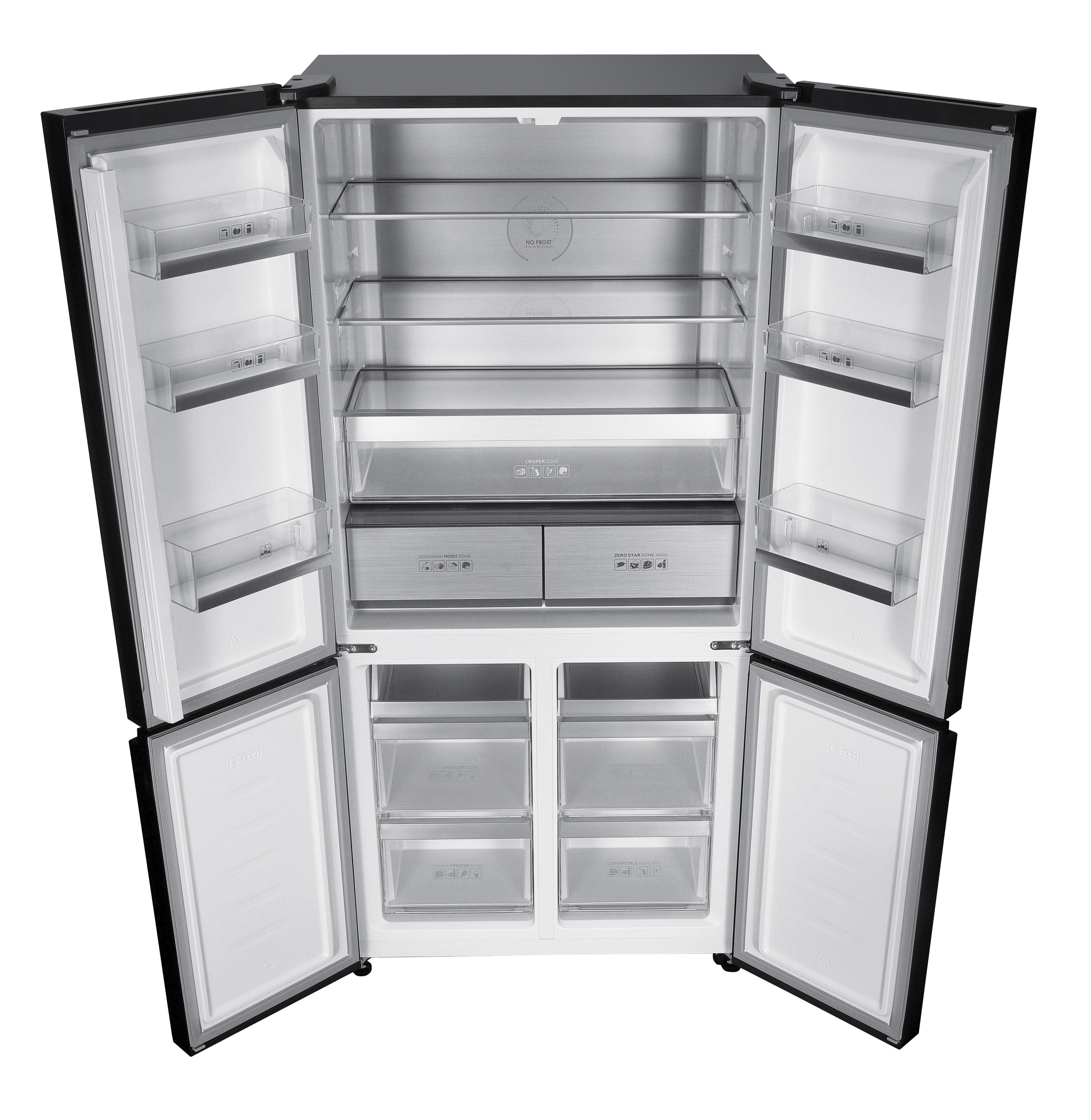 Ein offener schwarzer Kühlschrank mit Glasböden und Schubladen.
