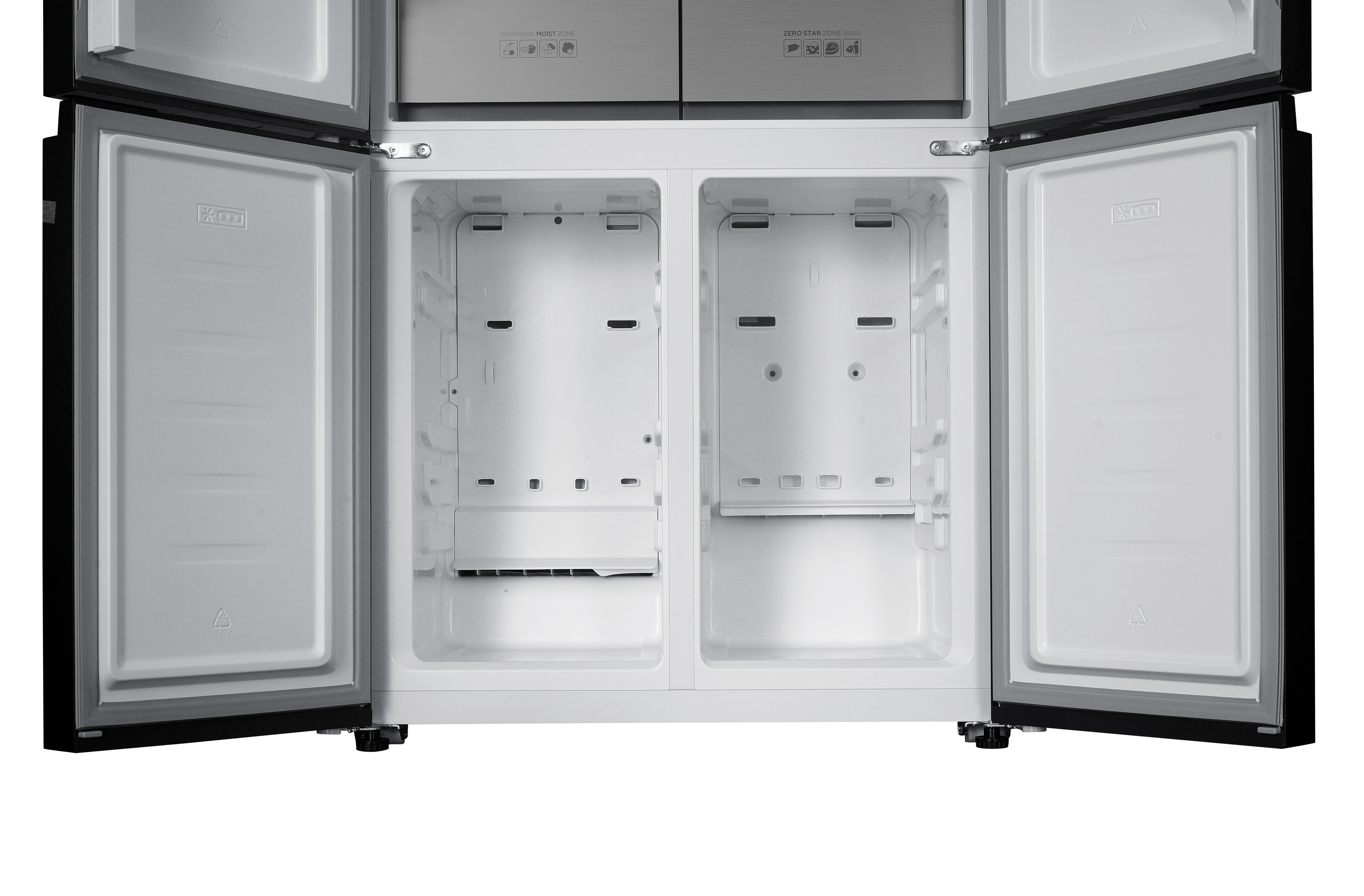 Ein leerer Kühlschrank mit offenen Türen, zwei Schubladen oben, zwei Fächer darunter.