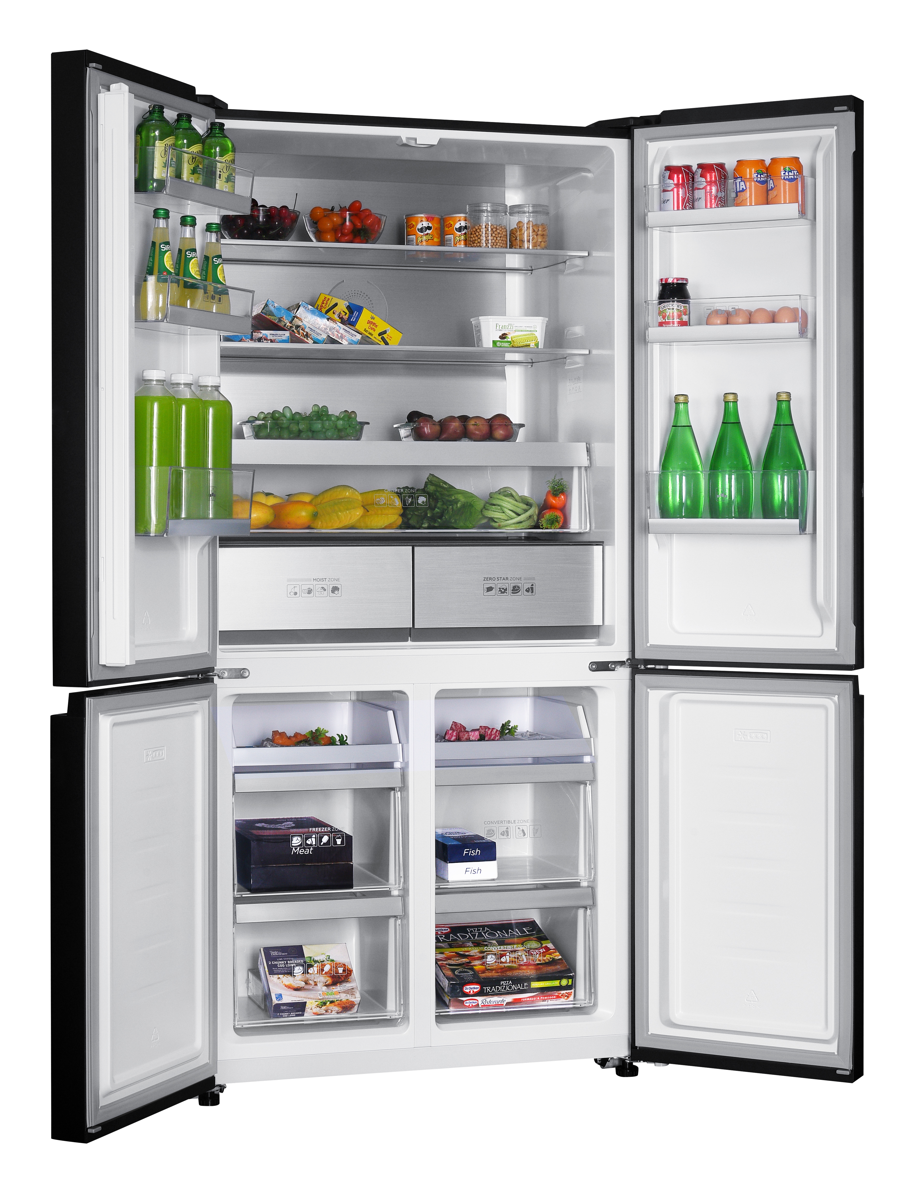 Ein offener Kühlschrank mit Lebensmitteln wie Obst, Gemüse, Getränken, Eiern und gefrorenen Lebensmitteln.