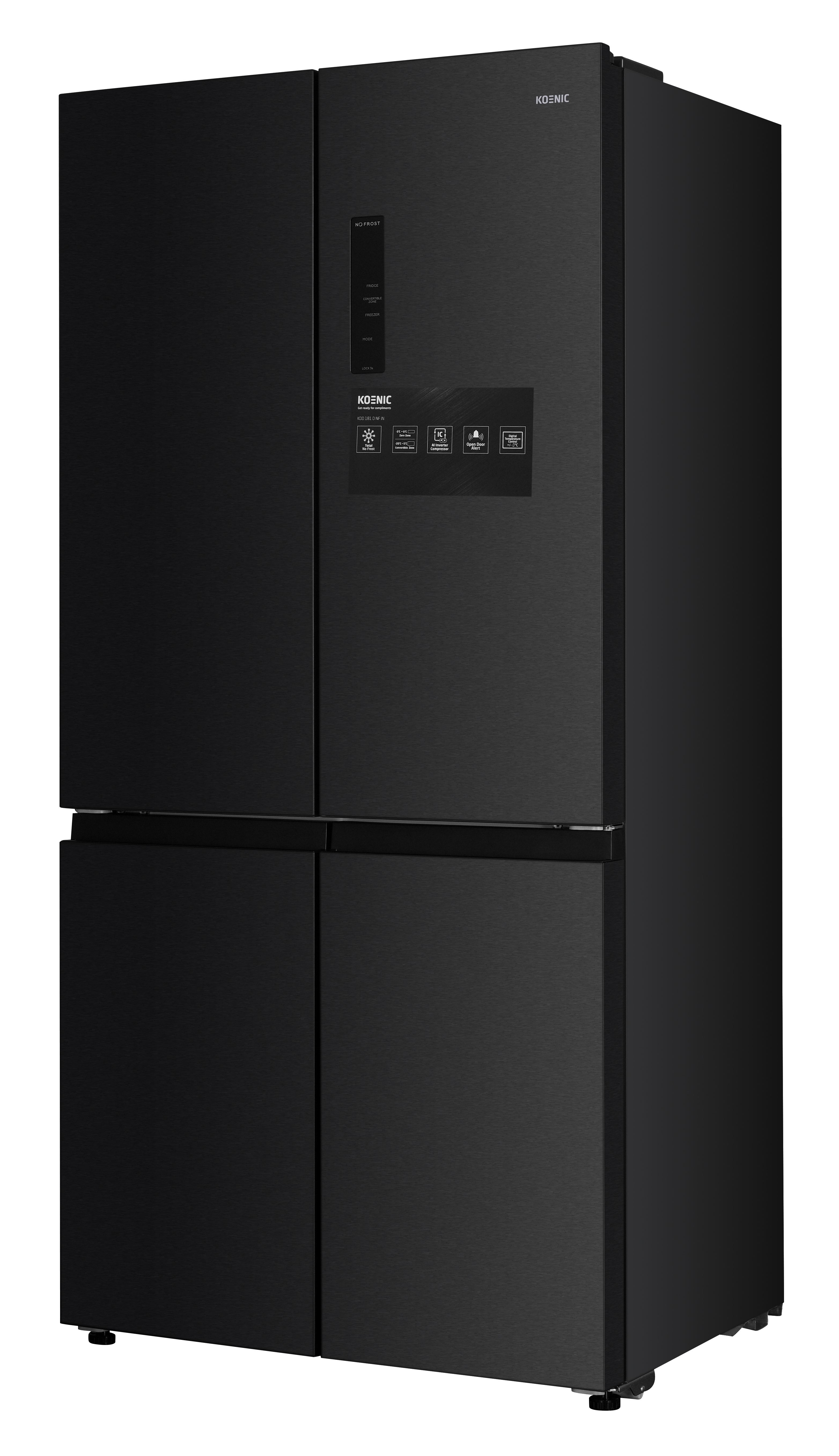 Ein schwarzer Kühlschrank mit vier Türen und einem digitalen Display.