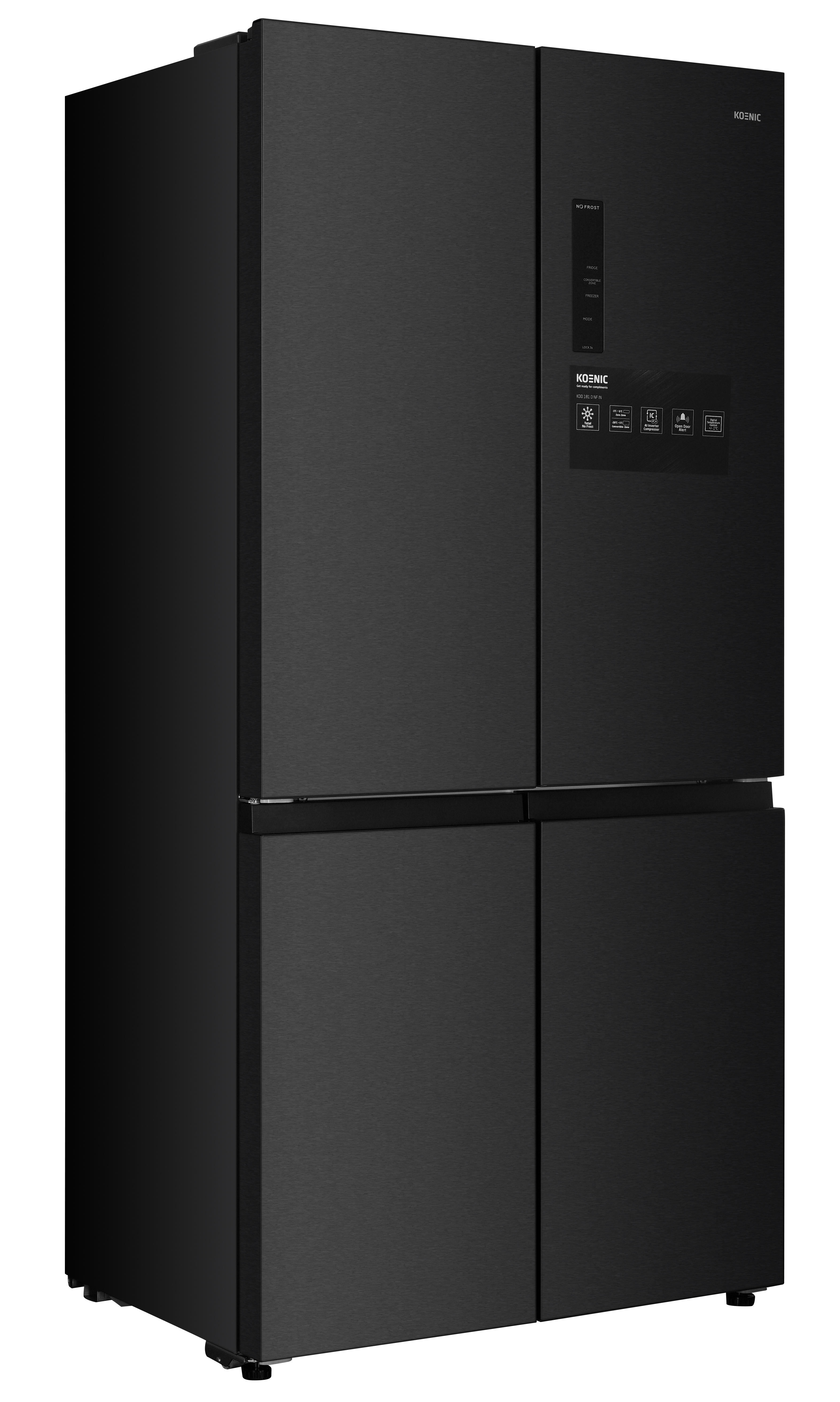 Schwarzer Kühlschrank mit vier Türen und Touchscreen-Bedienfeld.