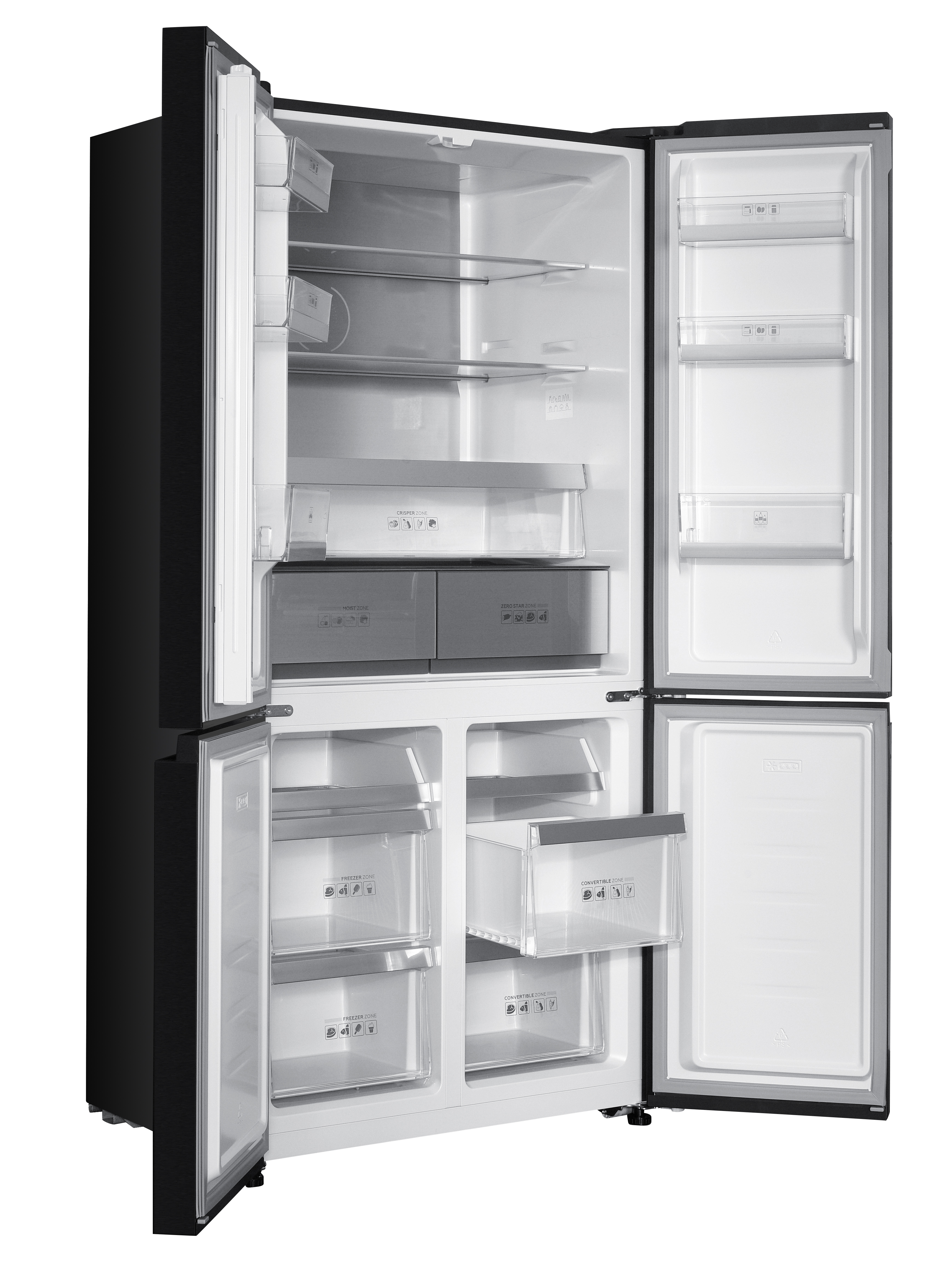 Ein schwarzer Kühlschrank mit offenen Türen, Innenraum mit Fächern.