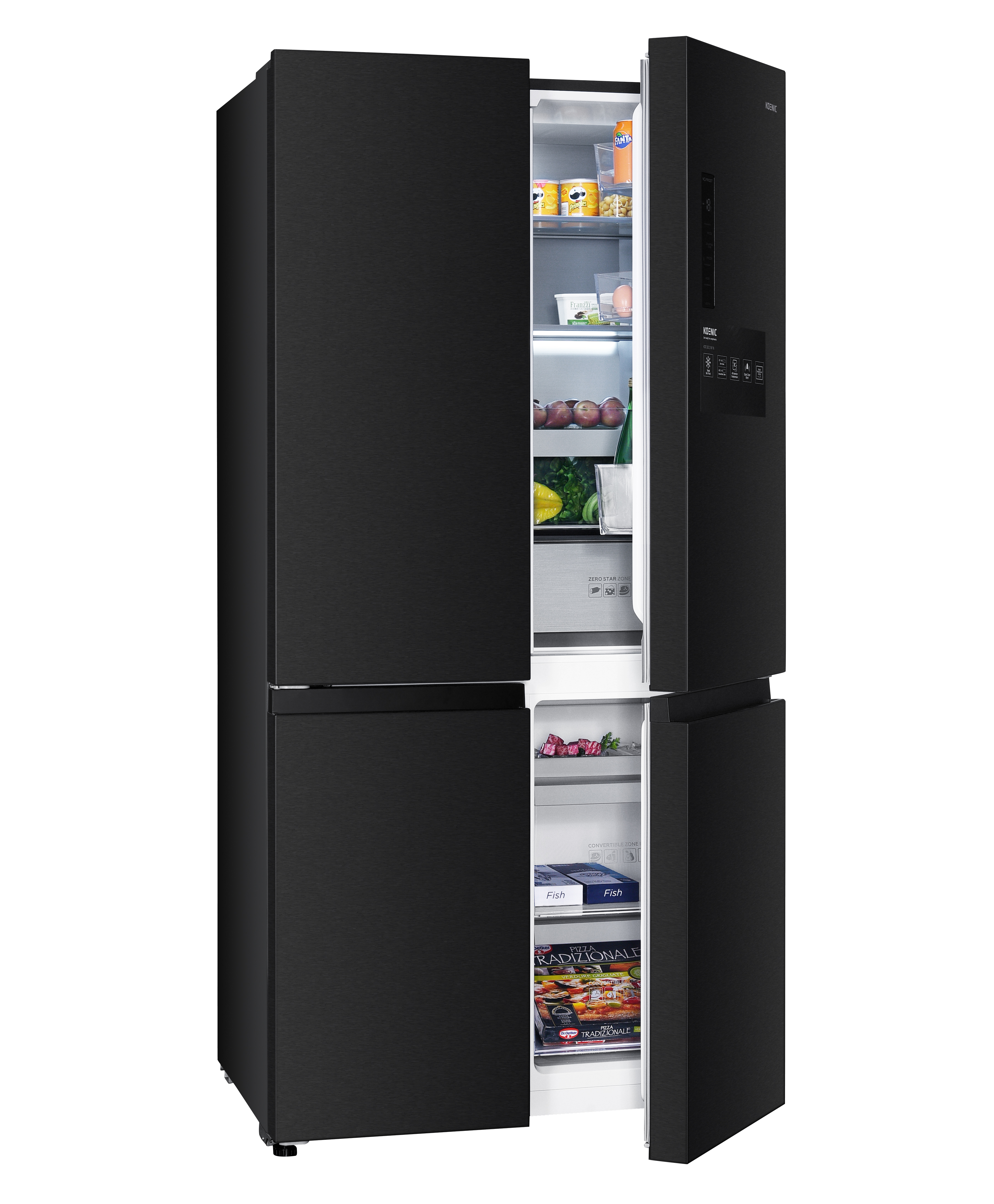 Schwarzer Kühlschrank mit geöffneten Türen. Innen sind Lebensmittel sichtbar.