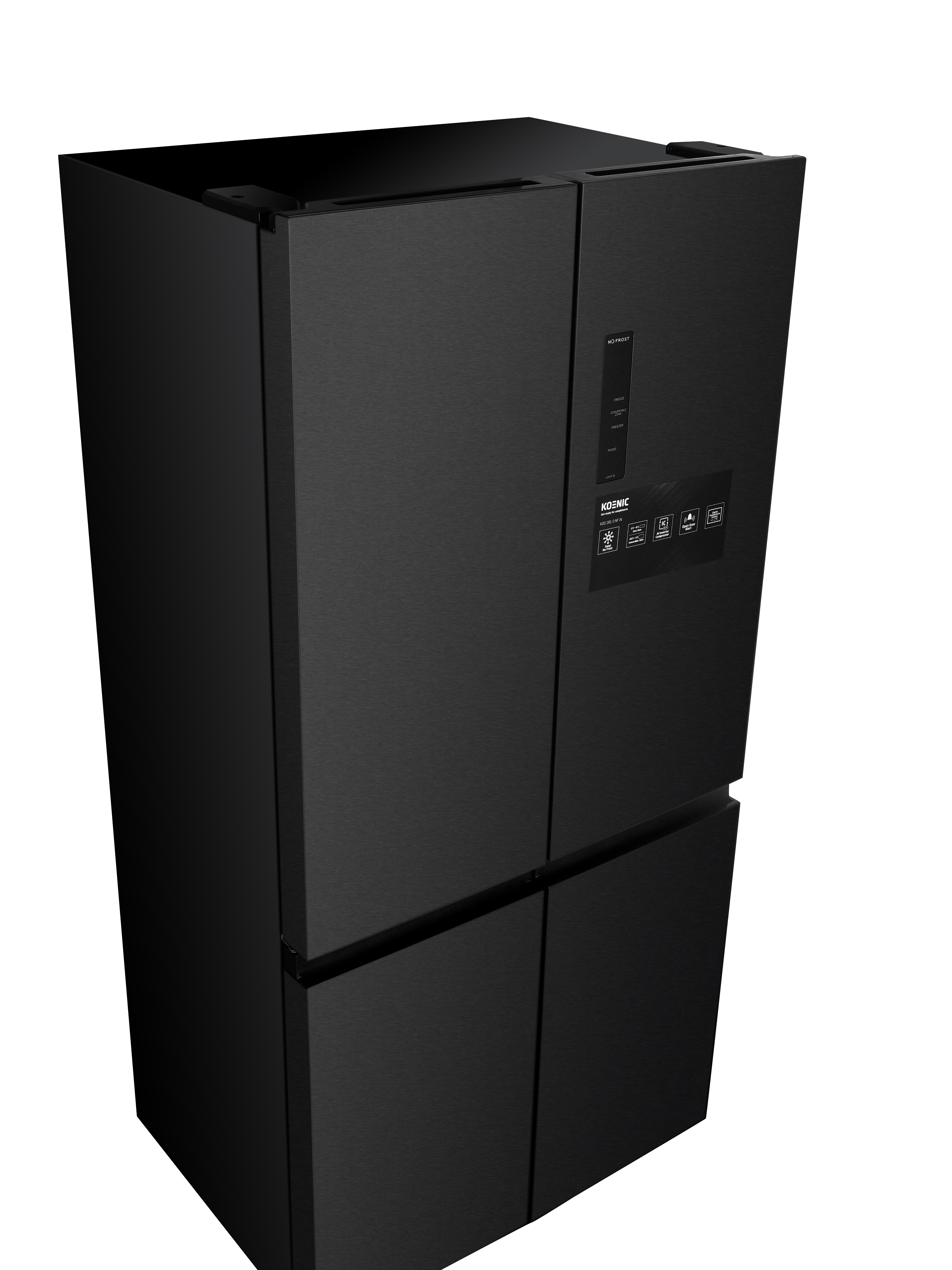 Schwarzer Kühlschrank mit Touchscreen-Bedienfeld und vier Türen.