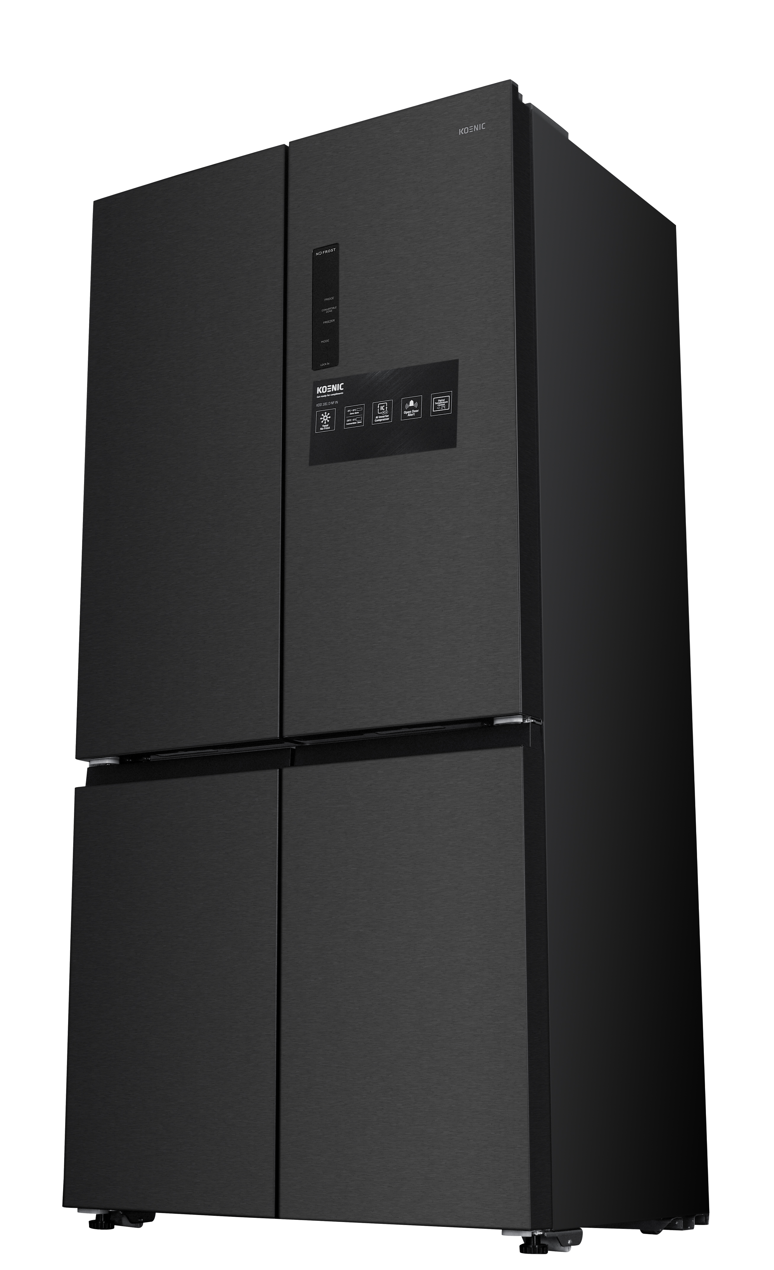 Schwarzer Kühlschrank mit vier Türen und Touchscreen-Bedienfeld.