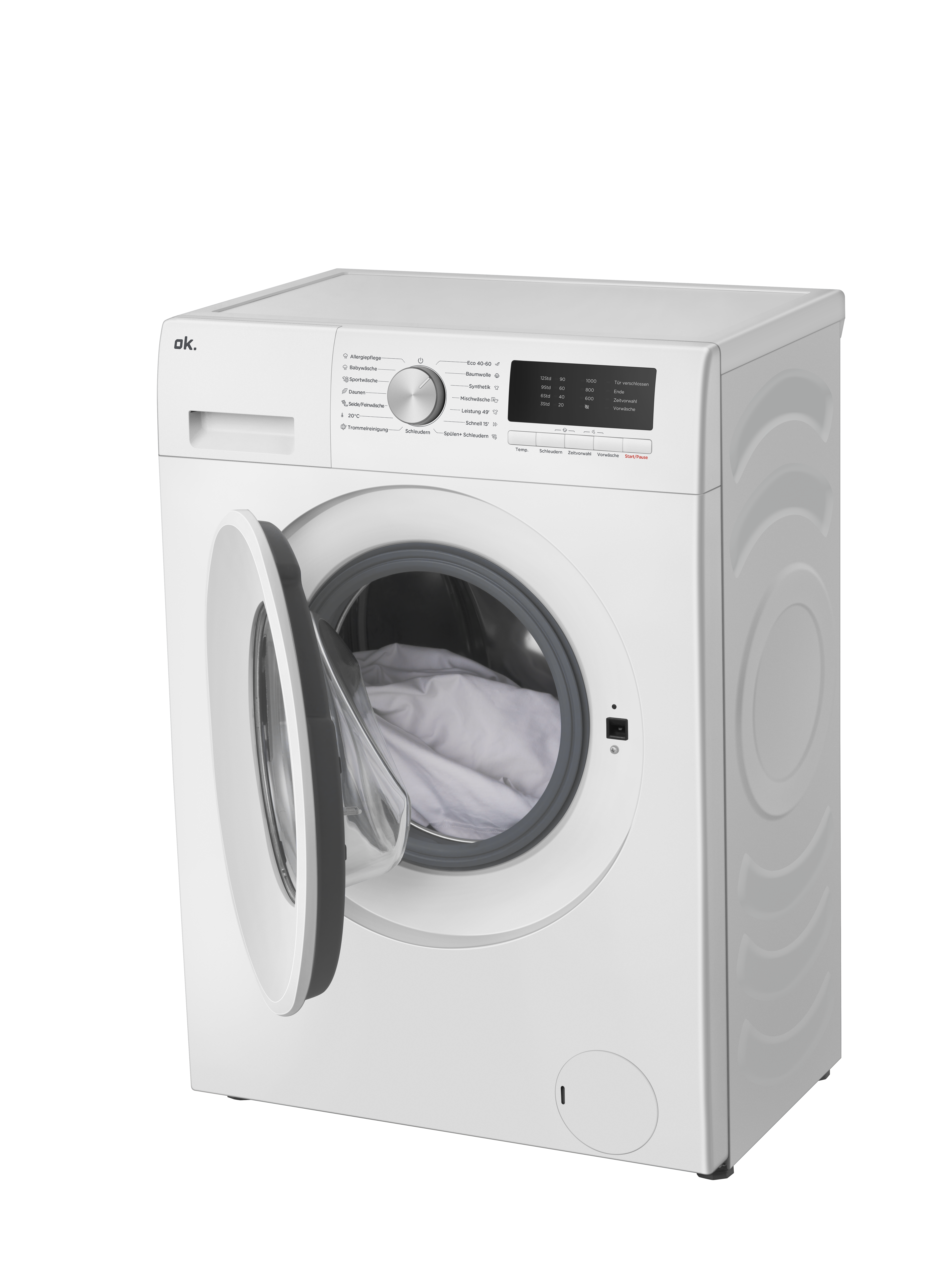 Eine weiße Waschmaschine mit geöffneter Tür und weißer Wäsche im Inneren.
