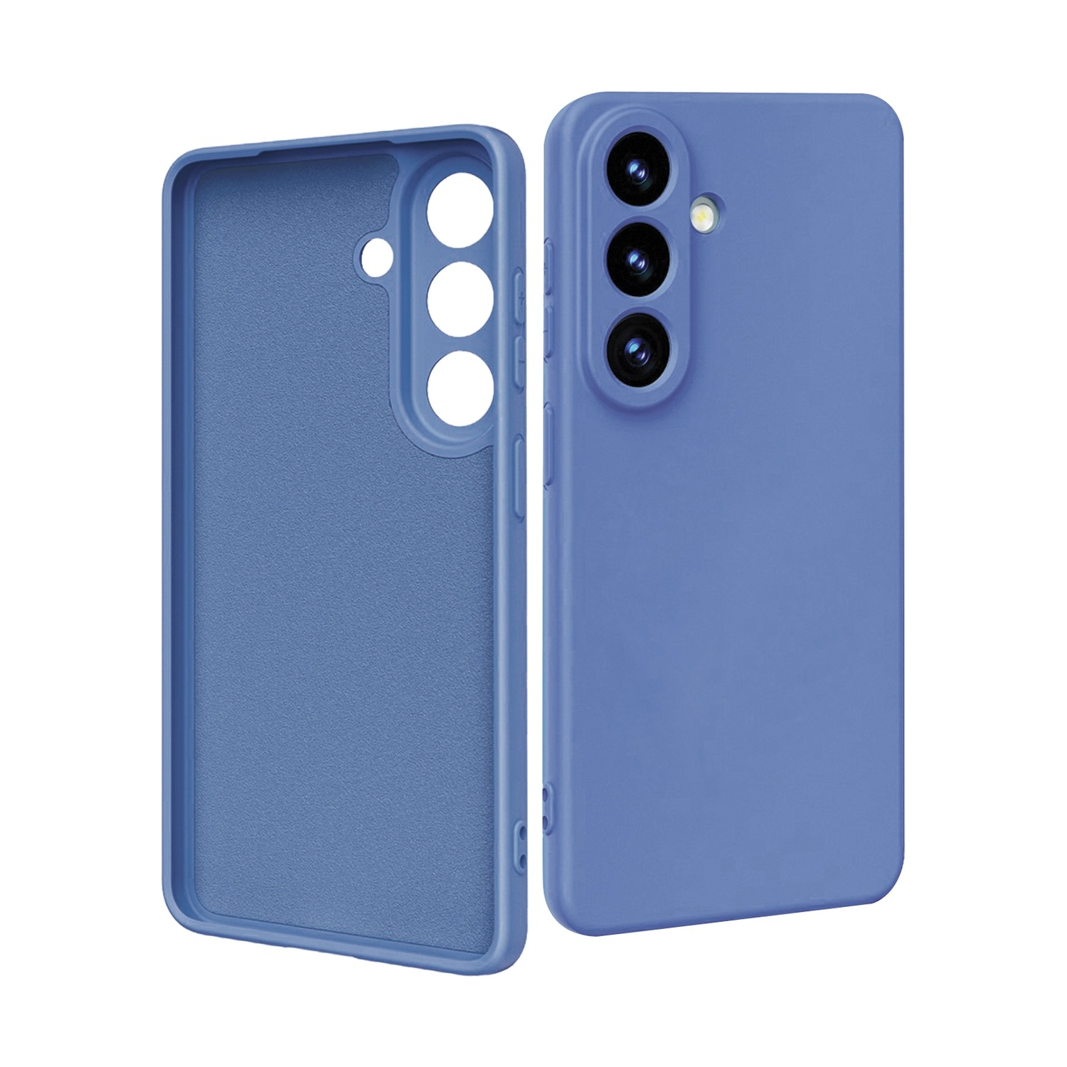 Una custodia blu per telefono giace accanto a uno smartphone blu con tre fotocamere.