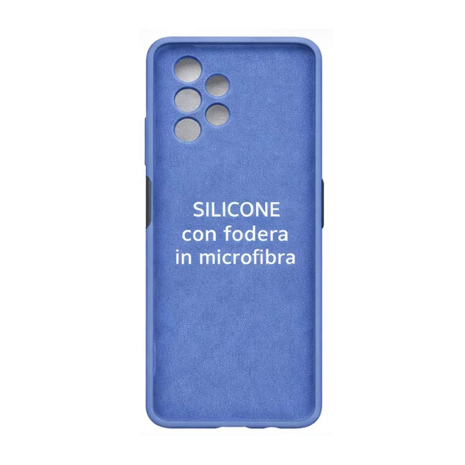 Custodia in silicone blu con fodera in microfibra e ritagli per fotocamera.