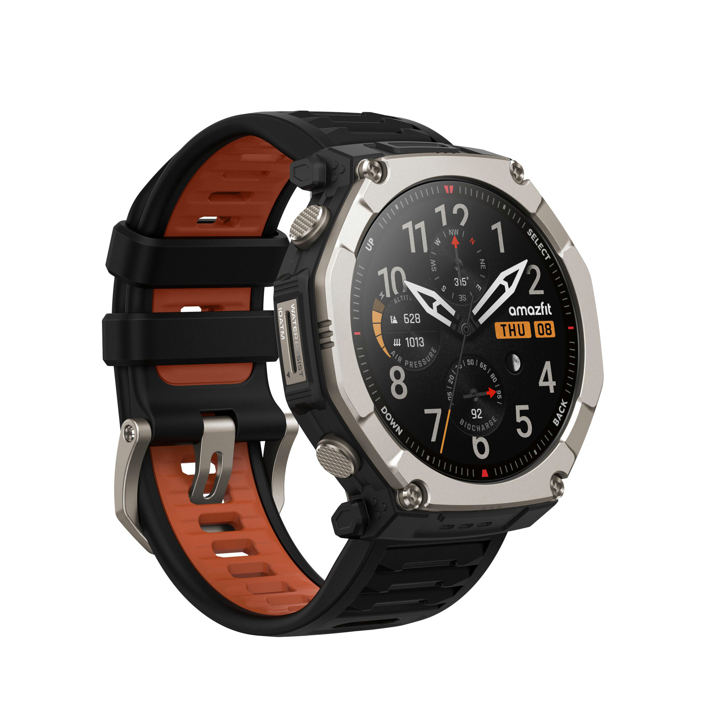 Eine Smartwatch mit schwarzem und orangefarbenem Armband und silbernem Gehäuse.