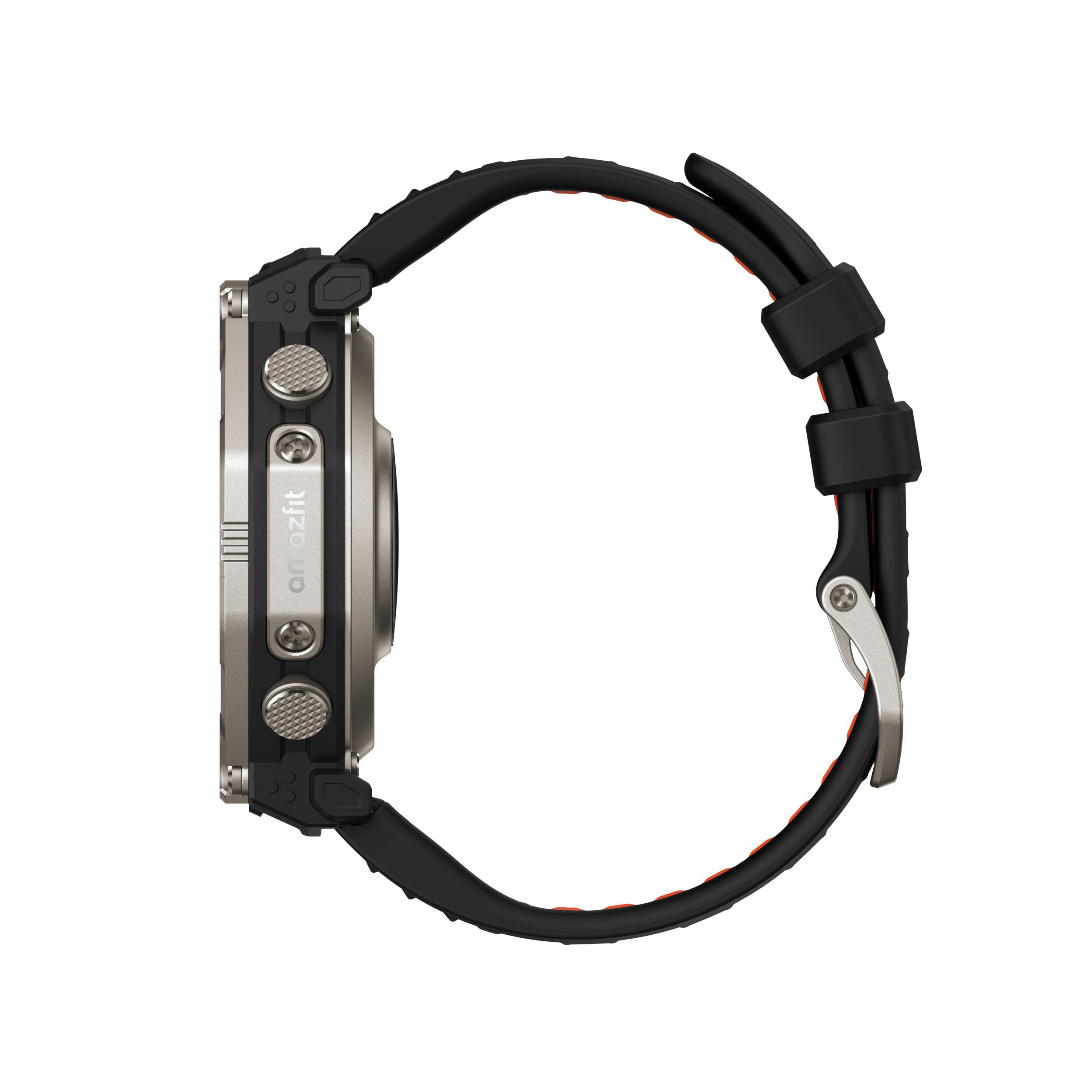 Silberne Smartwatch mit schwarzem Armband und orangefarbener Innenfutter.