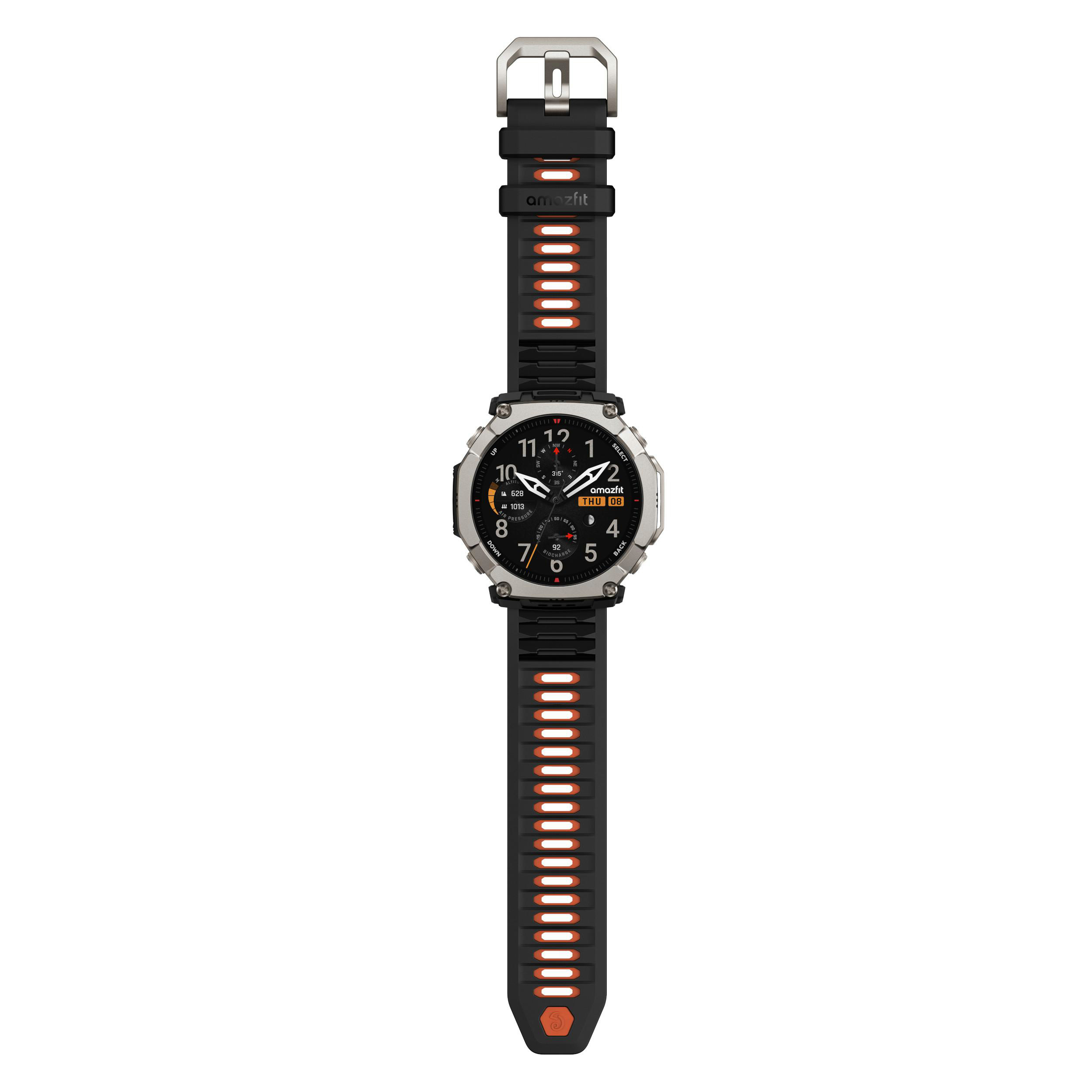 Eine schwarze Smartwatch mit orangen Akzenten und silbernem Verschluss.