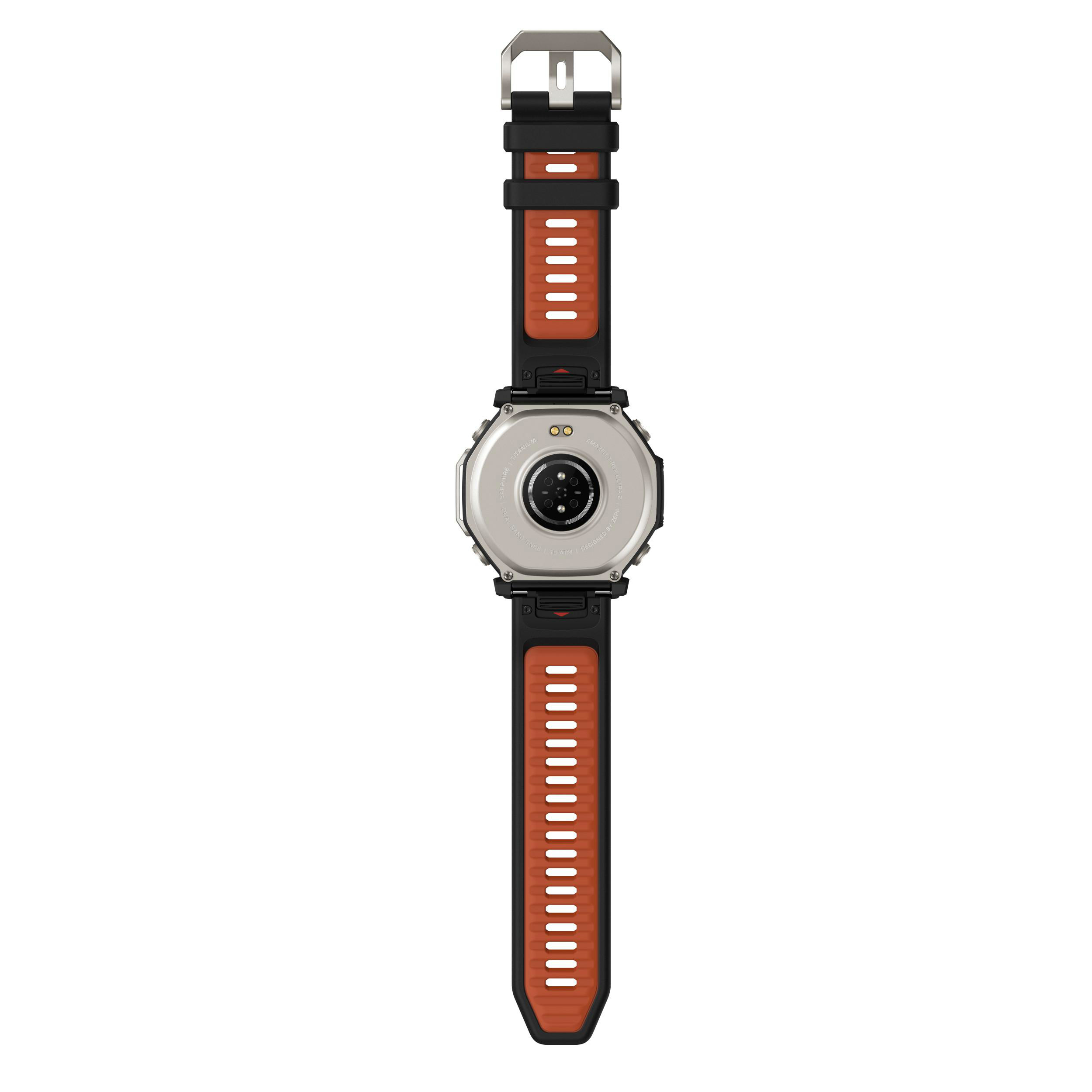 Rückseite einer Smartwatch mit orangefarbenem und schwarzem Armband.
