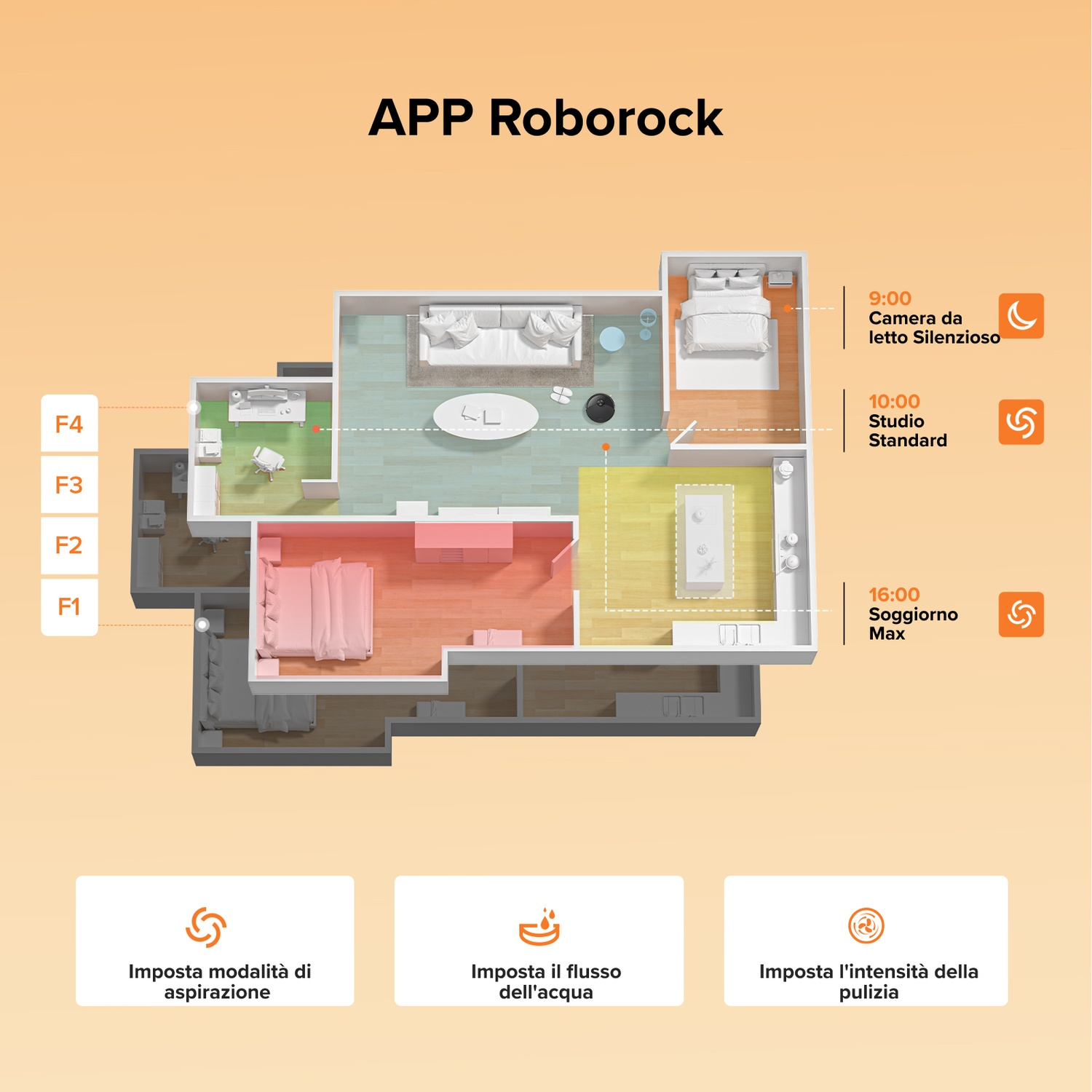 Planimetria di un appartamento con aspirapolvere robot, orari e opzioni di pulizia.