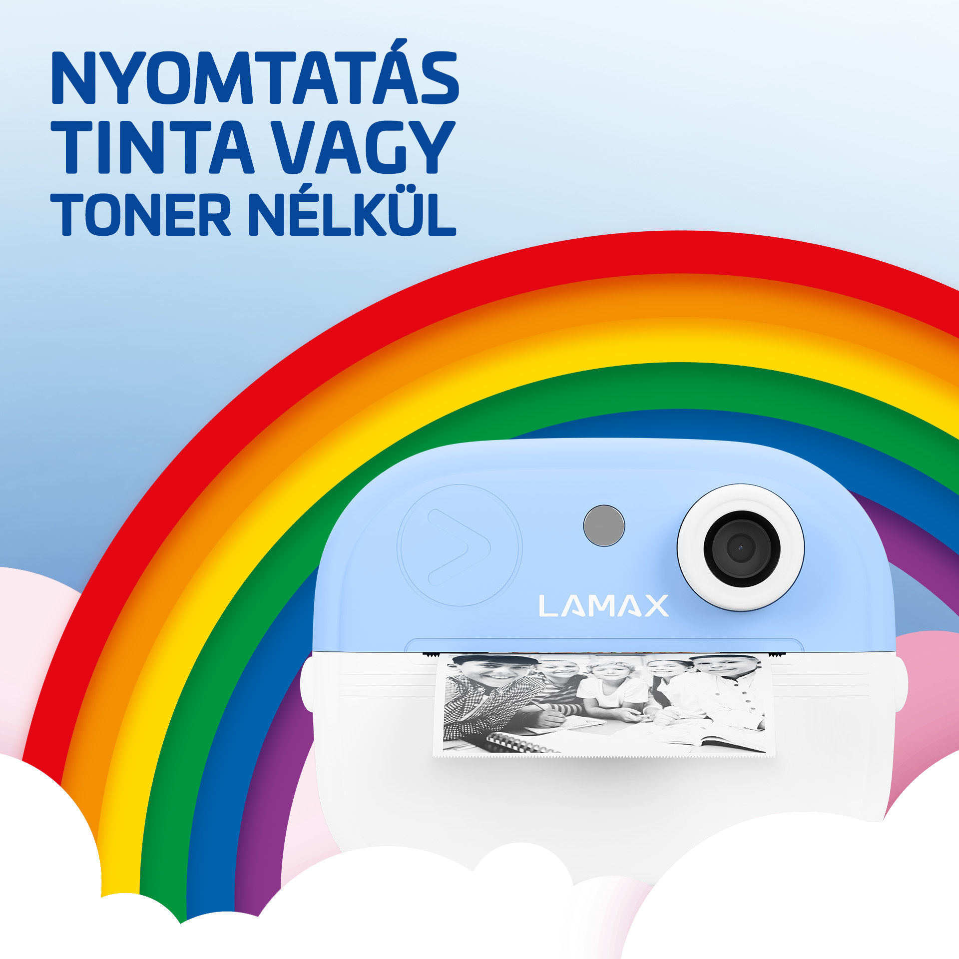 Kék LAMAX nyomtató fekete-fehér fotót nyomtat gyerekekről szivárvány alatt.
