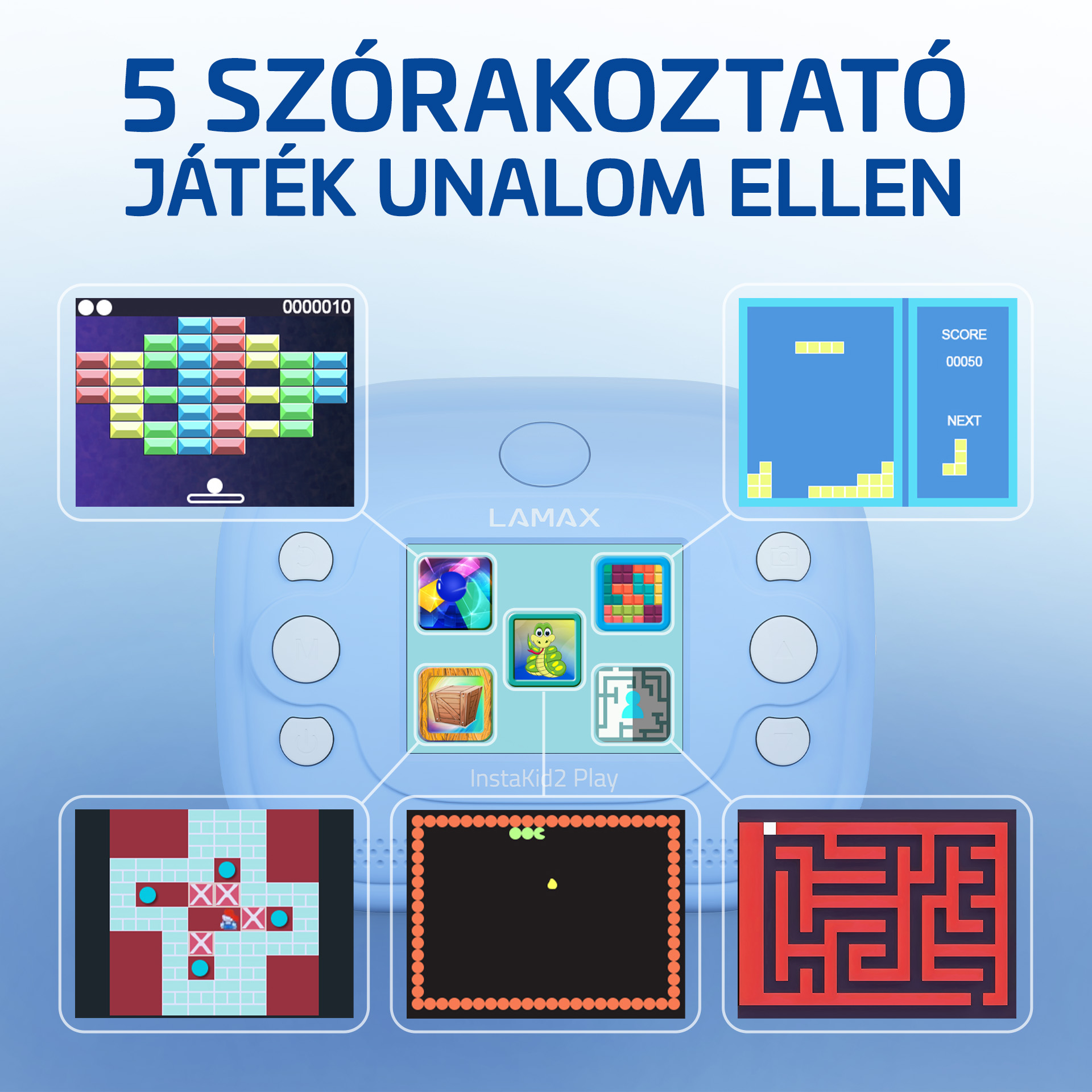 Világoskék játékeszköz öt különböző játékkal, köztük téglatörő és labirintus.