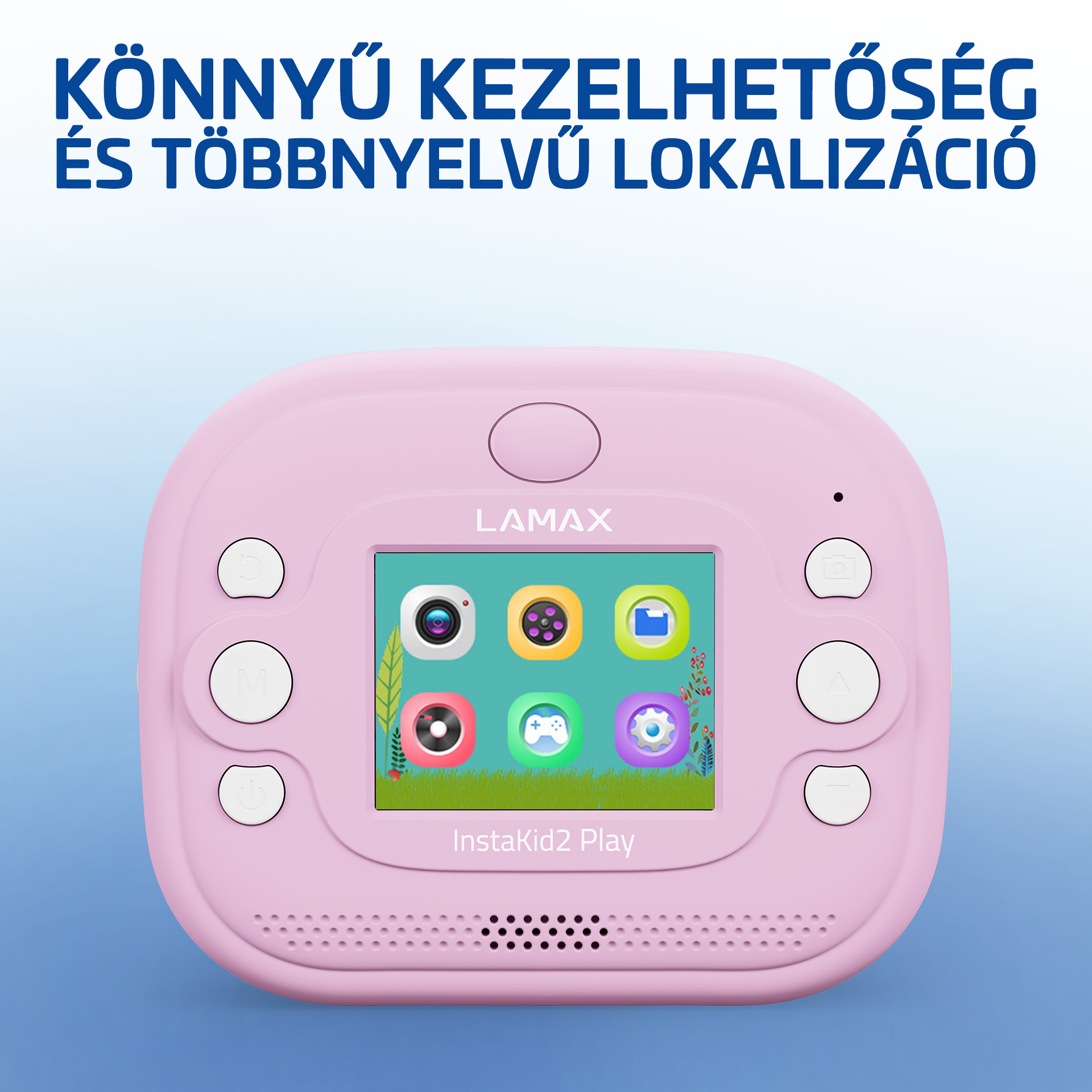 Egy rózsaszín LAMAX InstaKid2 Play gyerek kamera robot színes app ikonokkal a képernyőn.