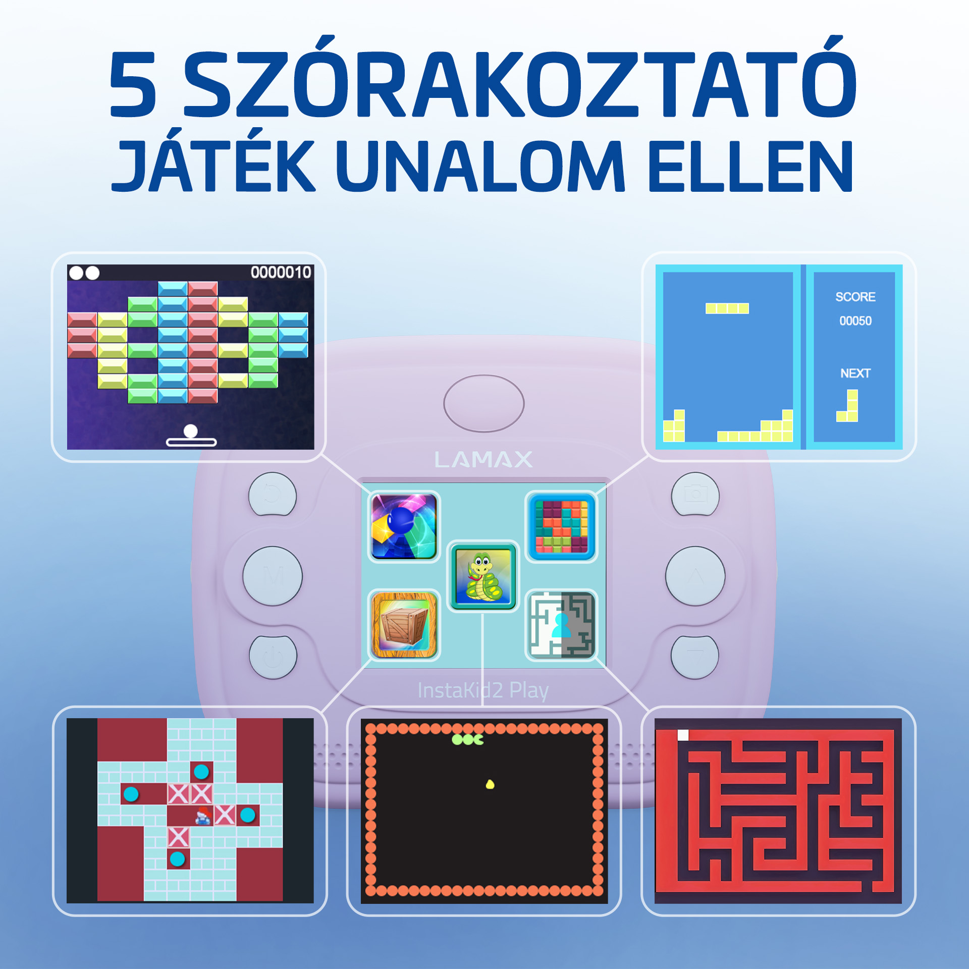 Lila kézi játékkonzol különféle játékképernyőkkel.