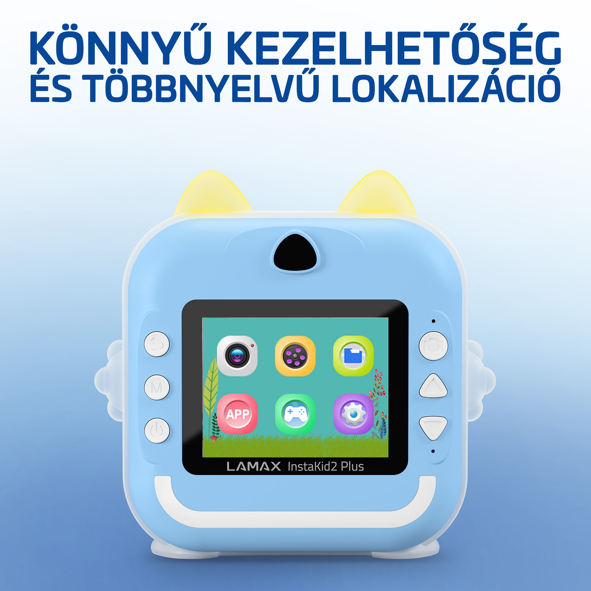 Világoskék gyerek kamera játék sárga fülekkel és app ikonokat mutató képernyővel.