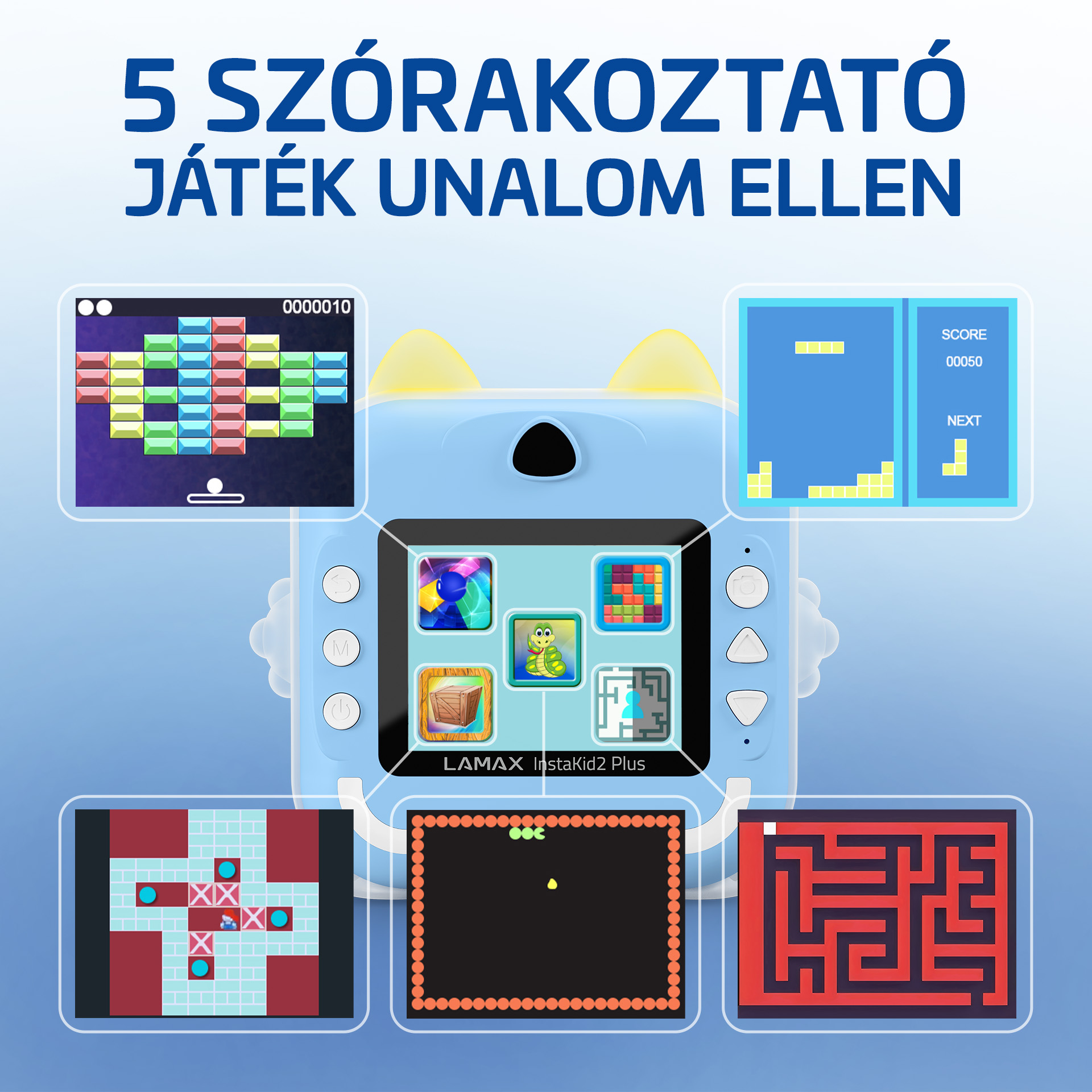 Egy macskafülű, világoskék játék öt különböző játékot mutat a képernyőin.