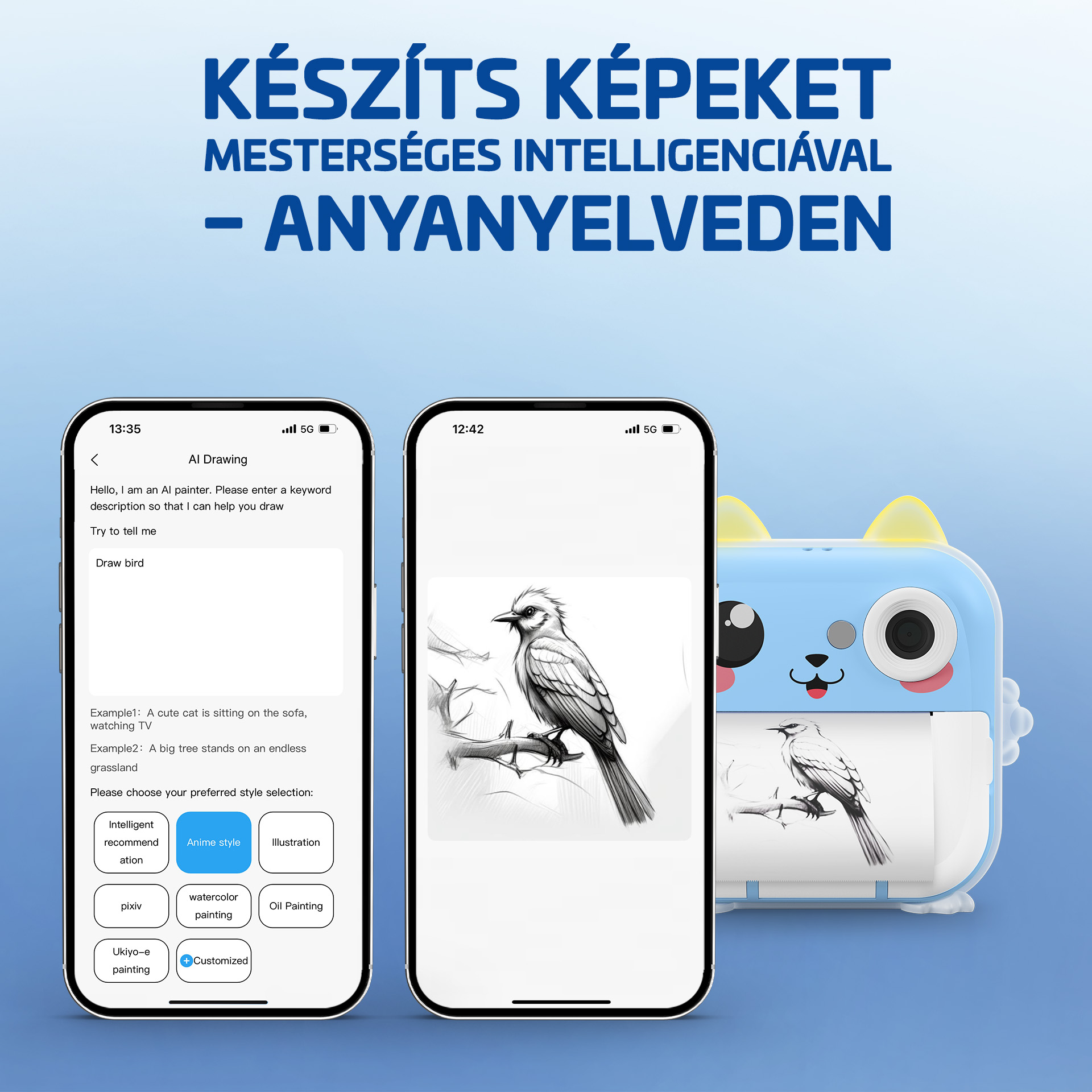 Két okostelefon AI művészetet jelenít meg. Az egyik szöveges utasításokat ad meg, a másik egy madárképet.