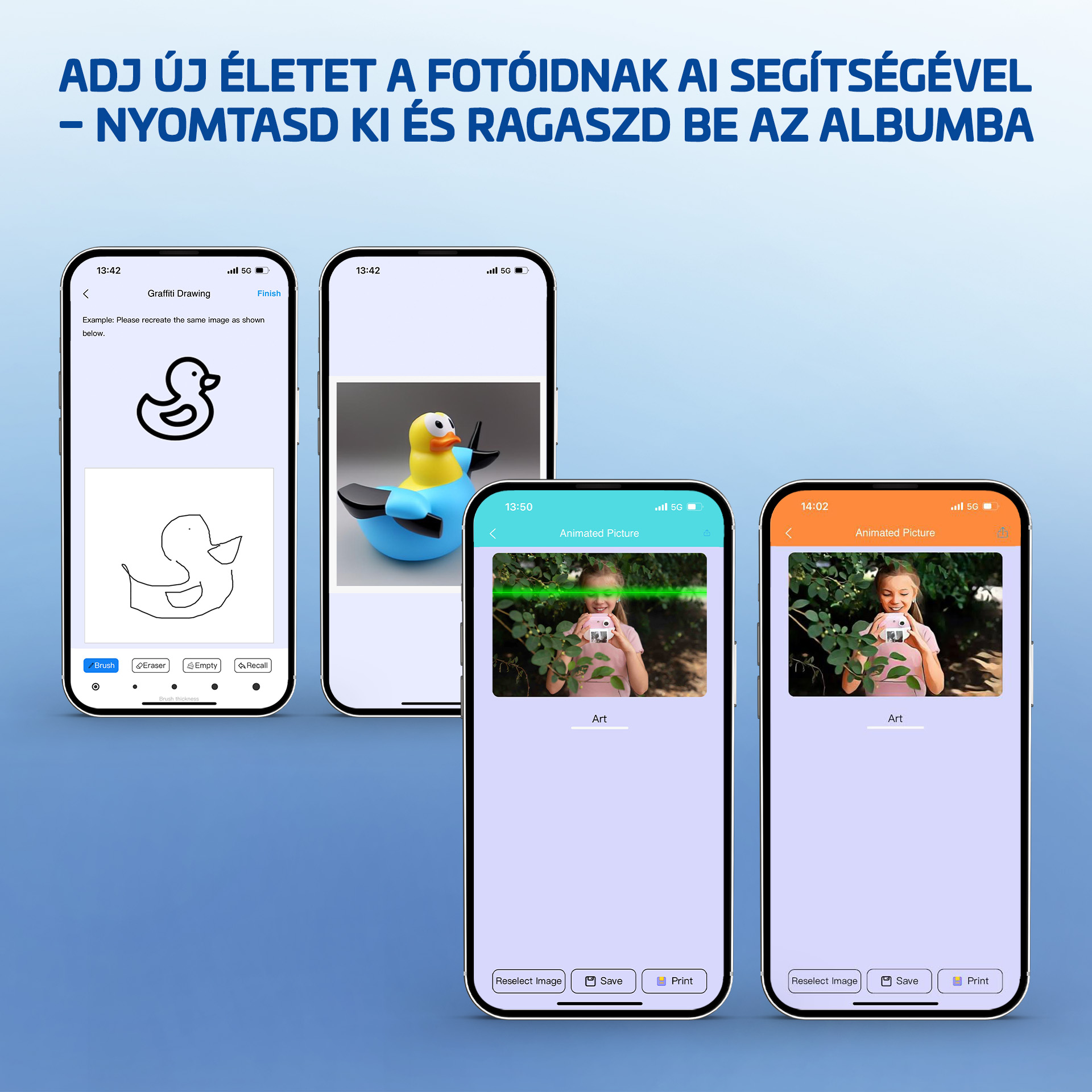 Három telefon jelenít meg egy appot: kacsa rajz, sárga kacsa, lány kamerával.