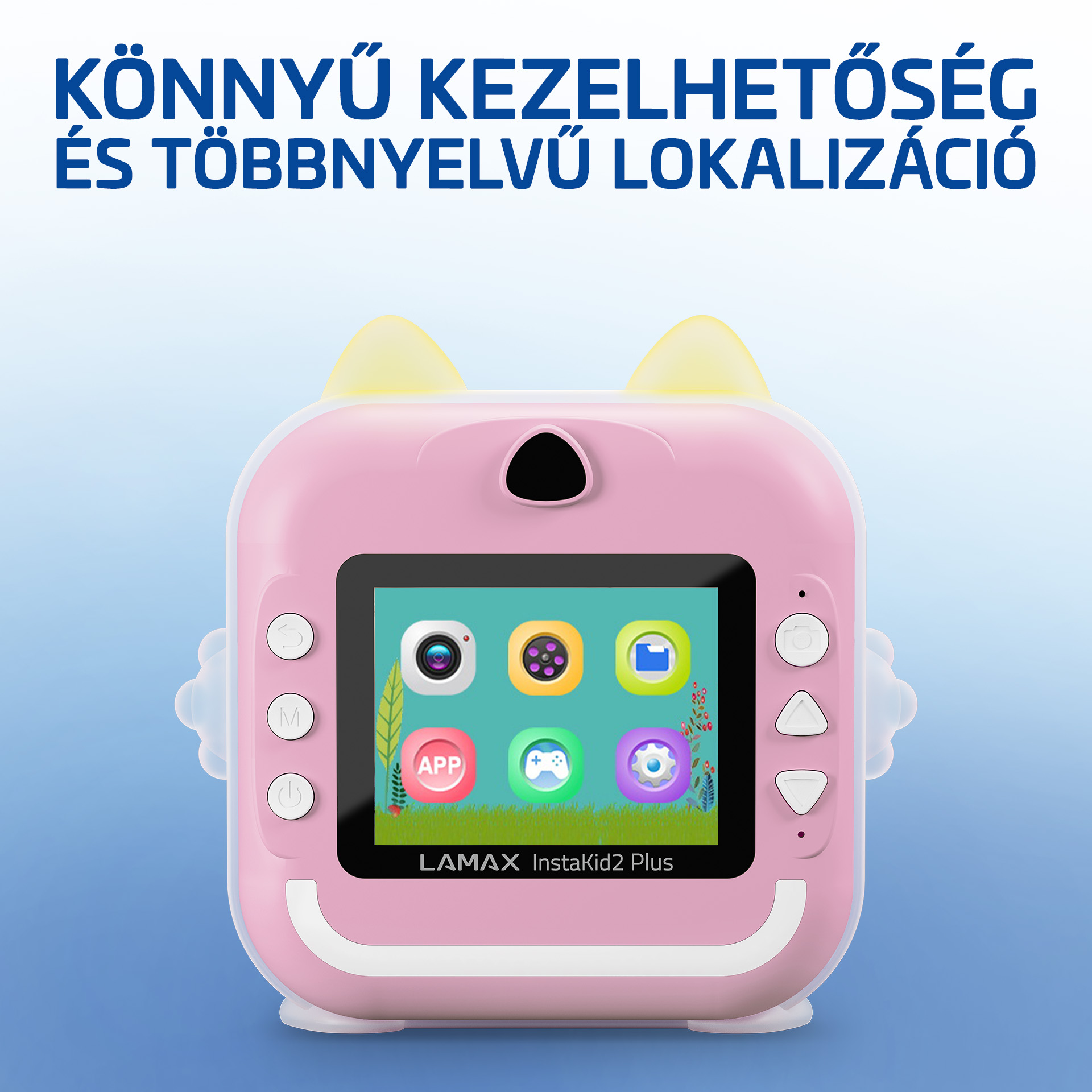 Egy rózsaszín, macskafüles gyerekjáték kamera, melynek képernyőjén applikáció ikonok láthatók.