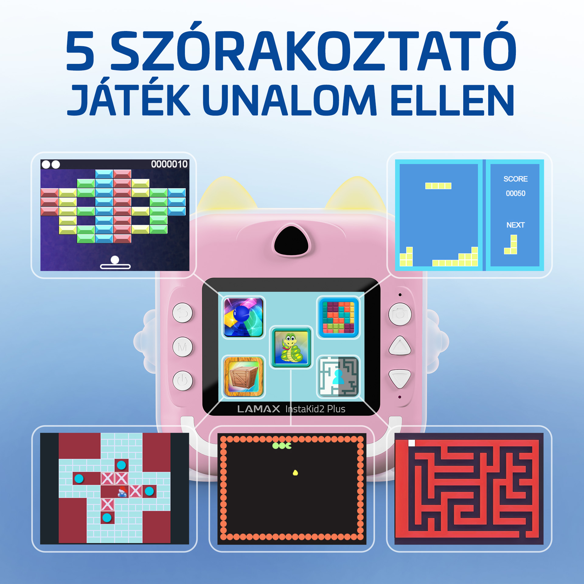 Egy rózsaszín játék 5 játékkal, köztük blokk- és labirintusjátékokkal.