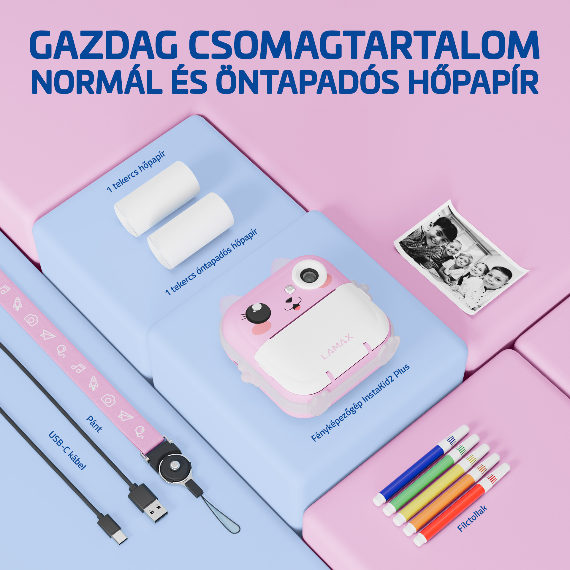Egy rózsaszín LAMAX InstaKid2 Plus kamera szett kiegészítőkkel, kék és rózsaszín alapon.