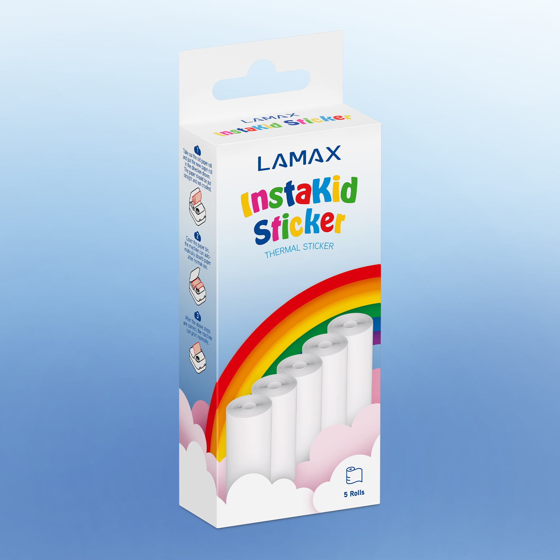 LAMAX InstaKid matricák csomagolása 5 tekercs hőpapírral és szivárványos dizájnnal.