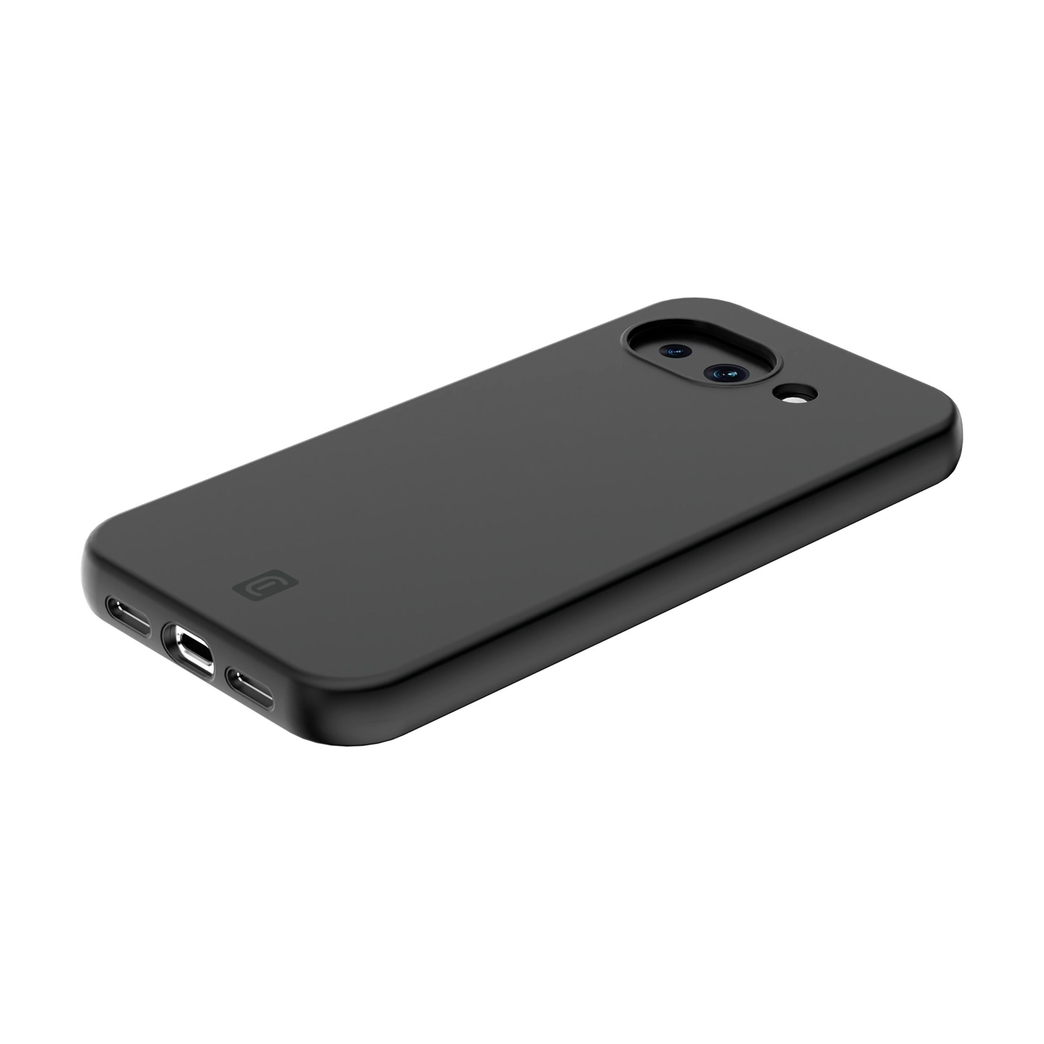 Custodia nera per telefono con ritaglio fotocamera e porta di ricarica.