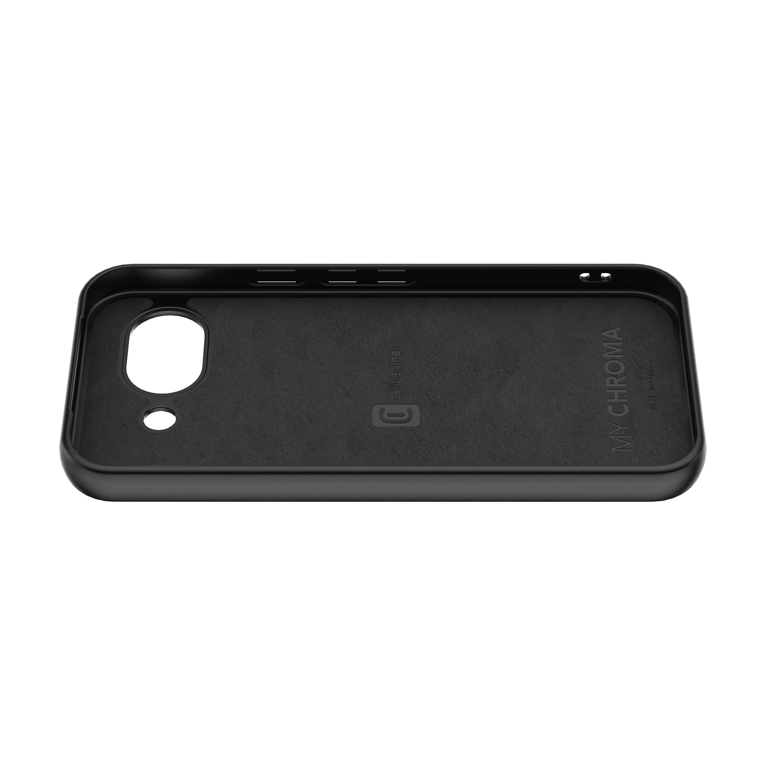 Custodia nera per telefono con ritagli per fotocamera e pulsanti.