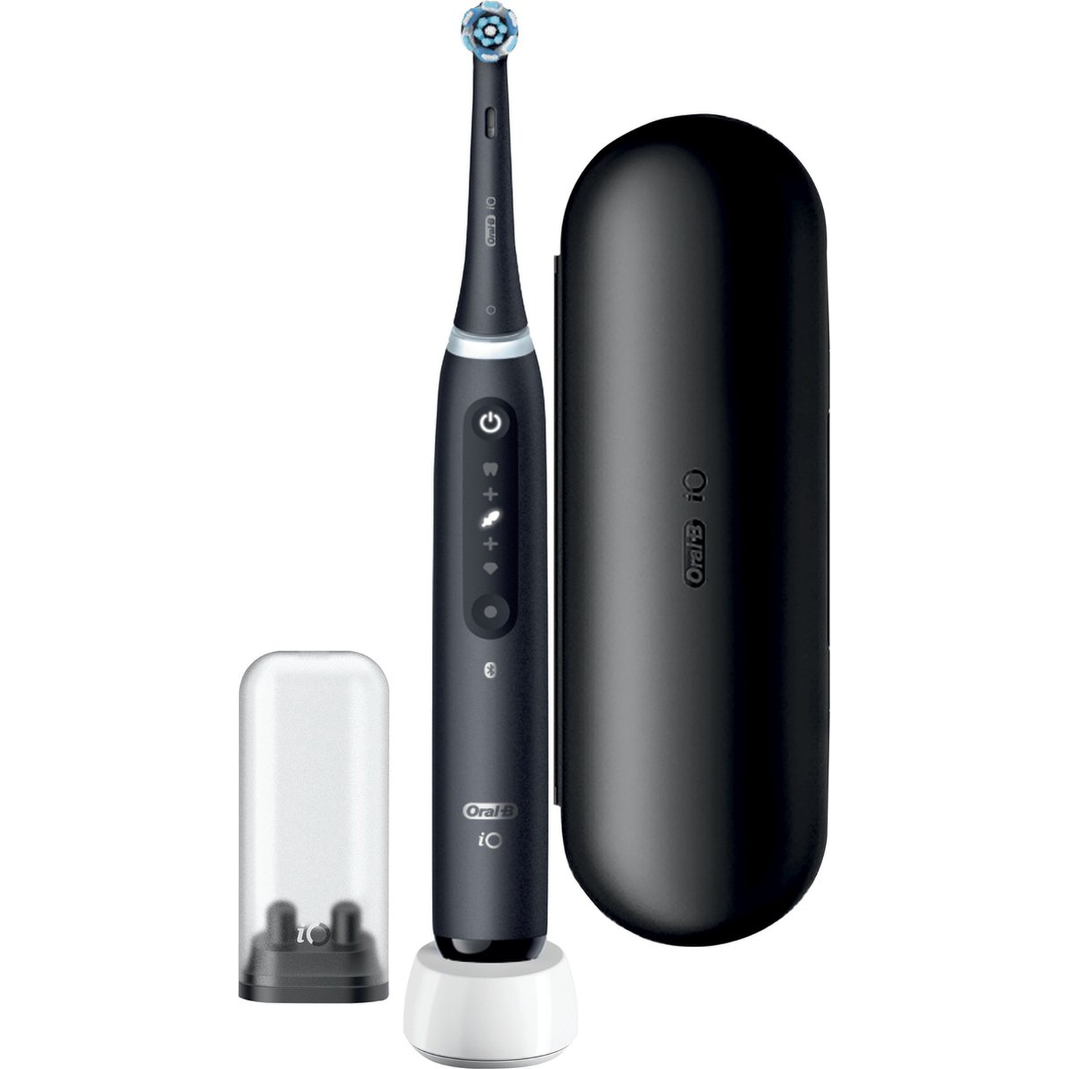 Black electric toothbrush with charging base, travel case and brush head cover.