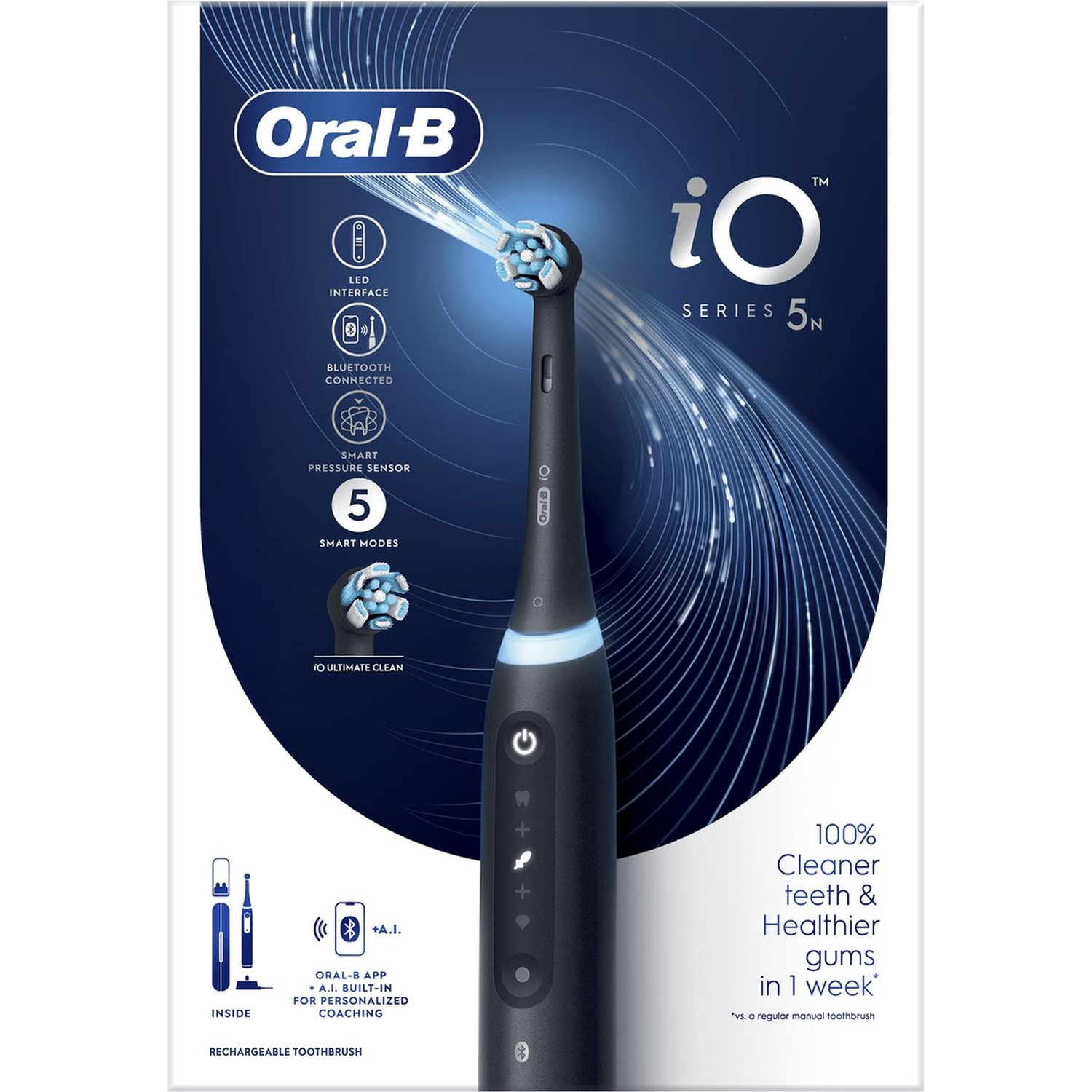 Black Oral-B iO Series 5N electric toothbrush with blue bristles and LED display.