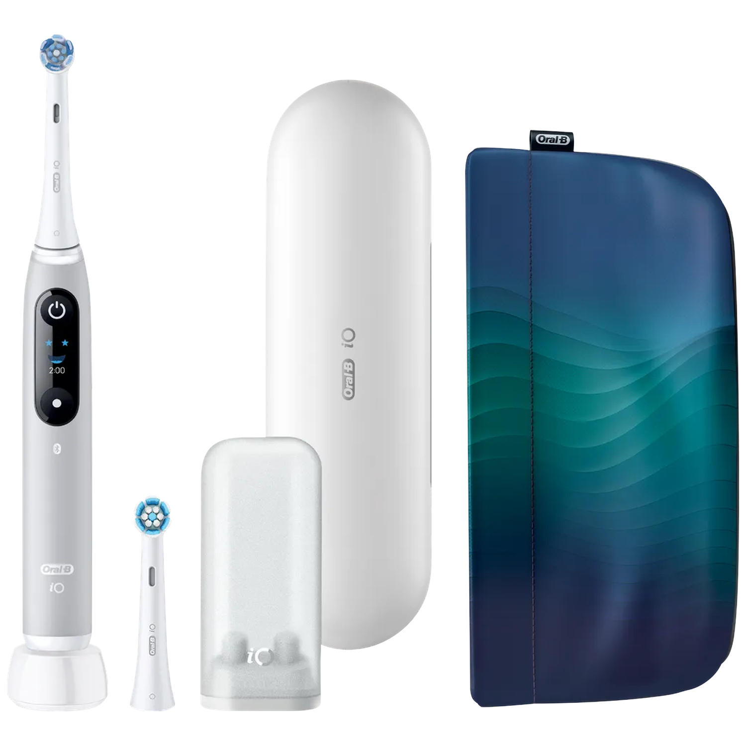 Gray electric toothbrush with brush heads and travel cases in white and blue.