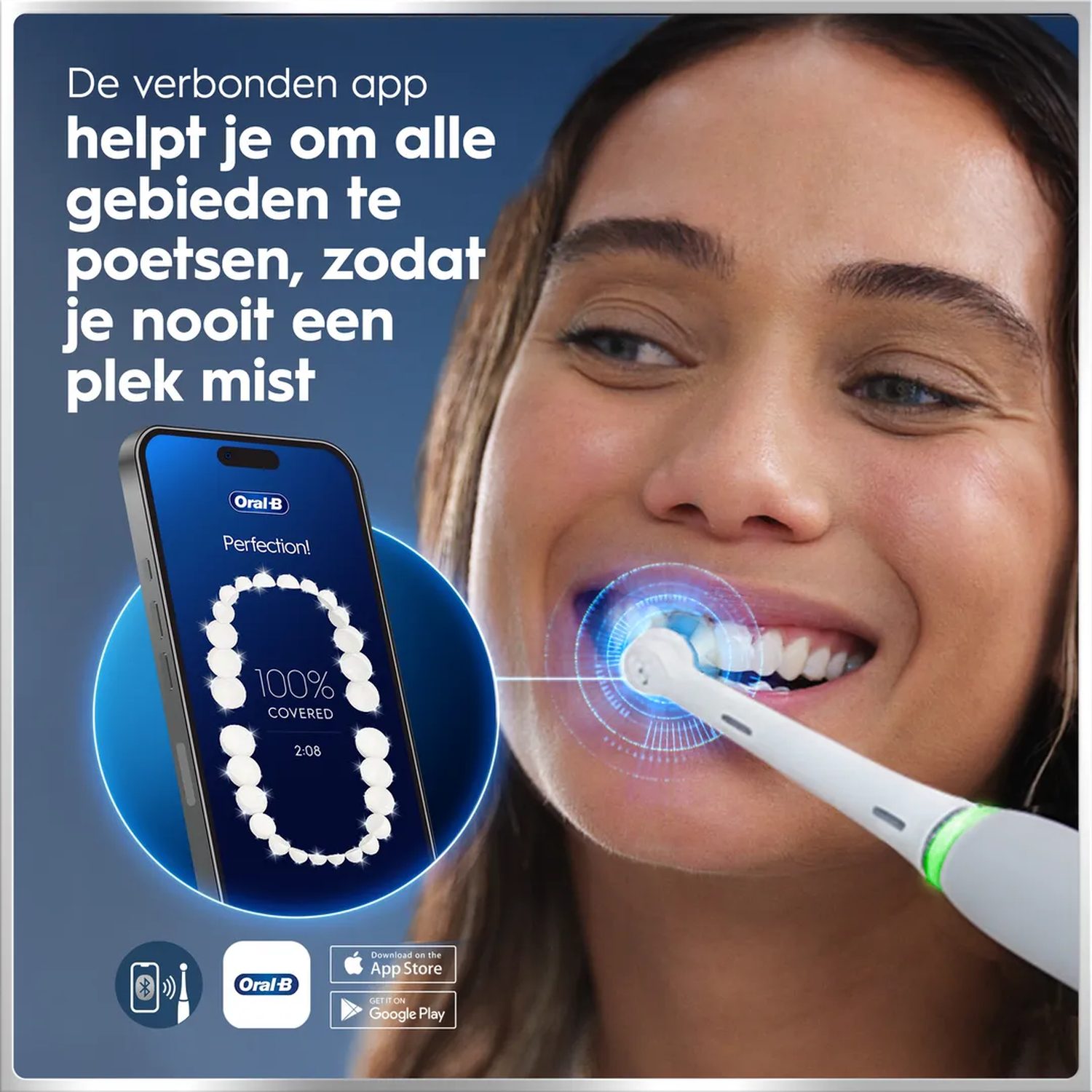 A woman brushes her teeth with an electric toothbrush connected to an app.