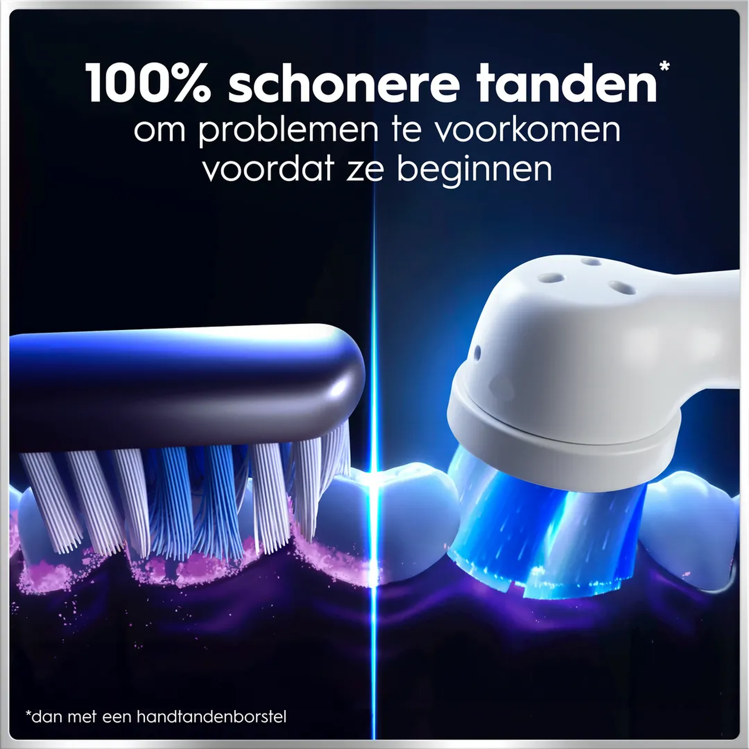 Electric toothbrush cleans teeth with blue light and purple particles.